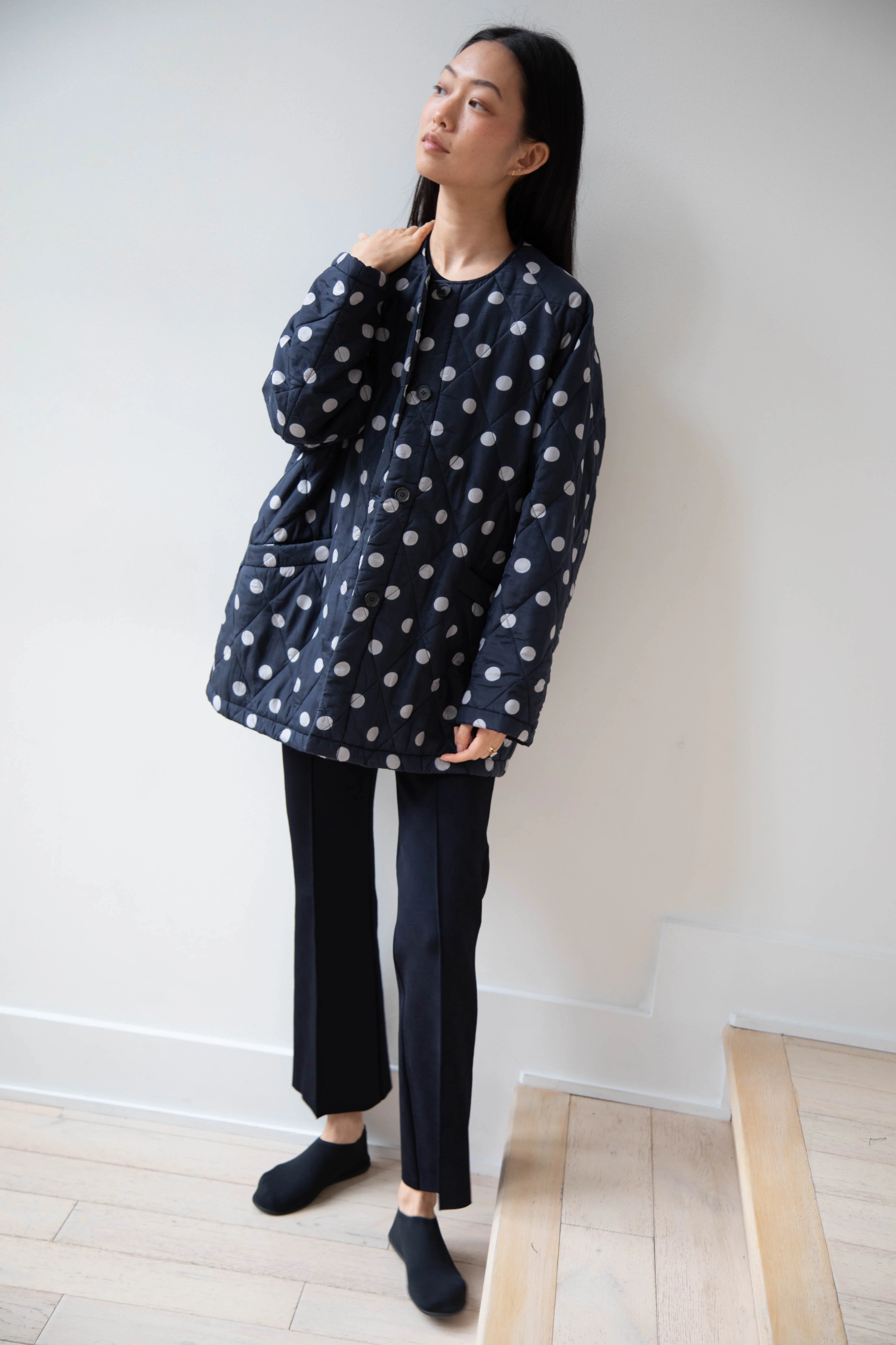 Maison de Soil | Quilted Dot Coat in Navy - Image 37