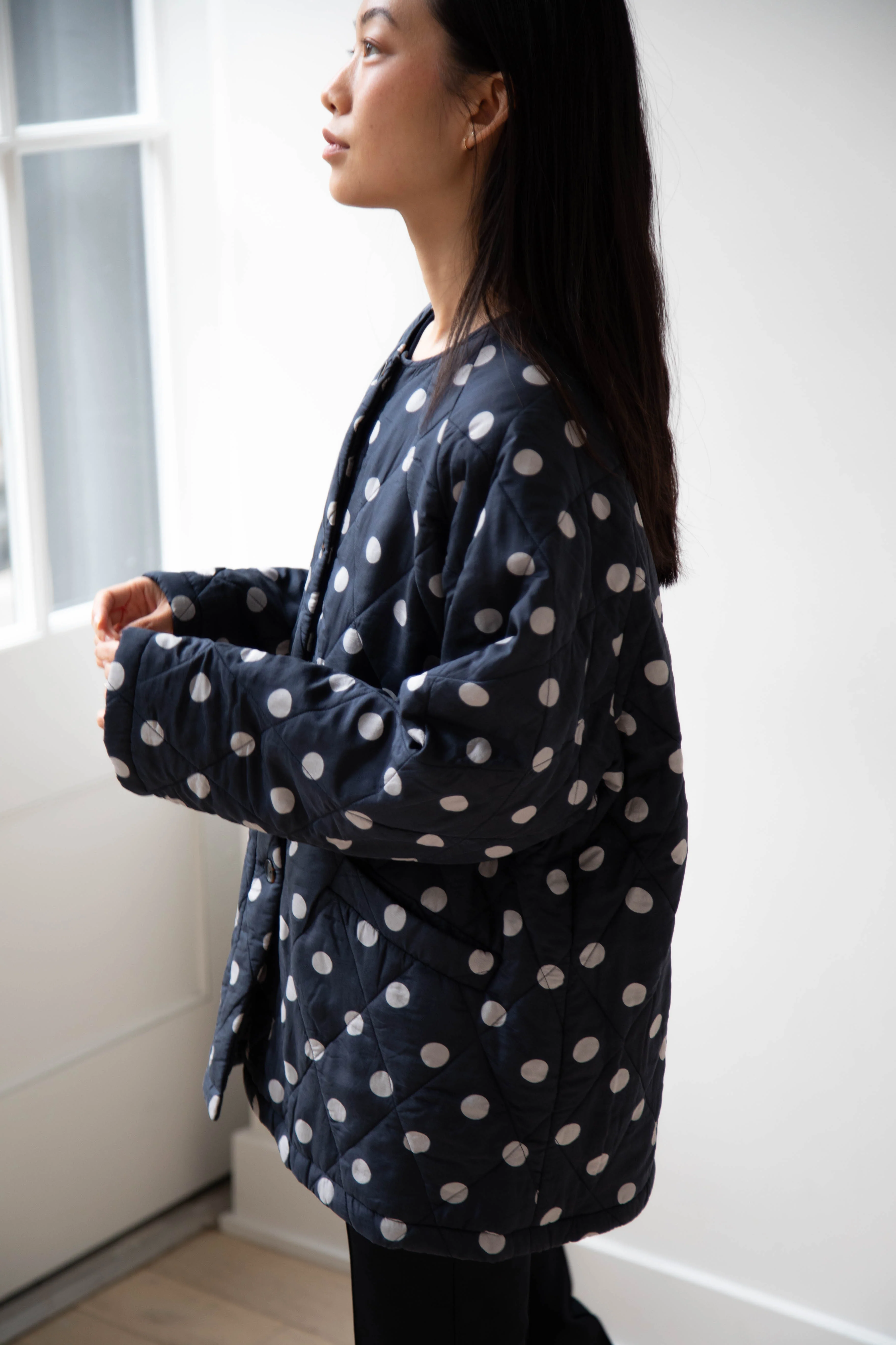 Maison de Soil | Quilted Dot Coat in Navy - Image 6