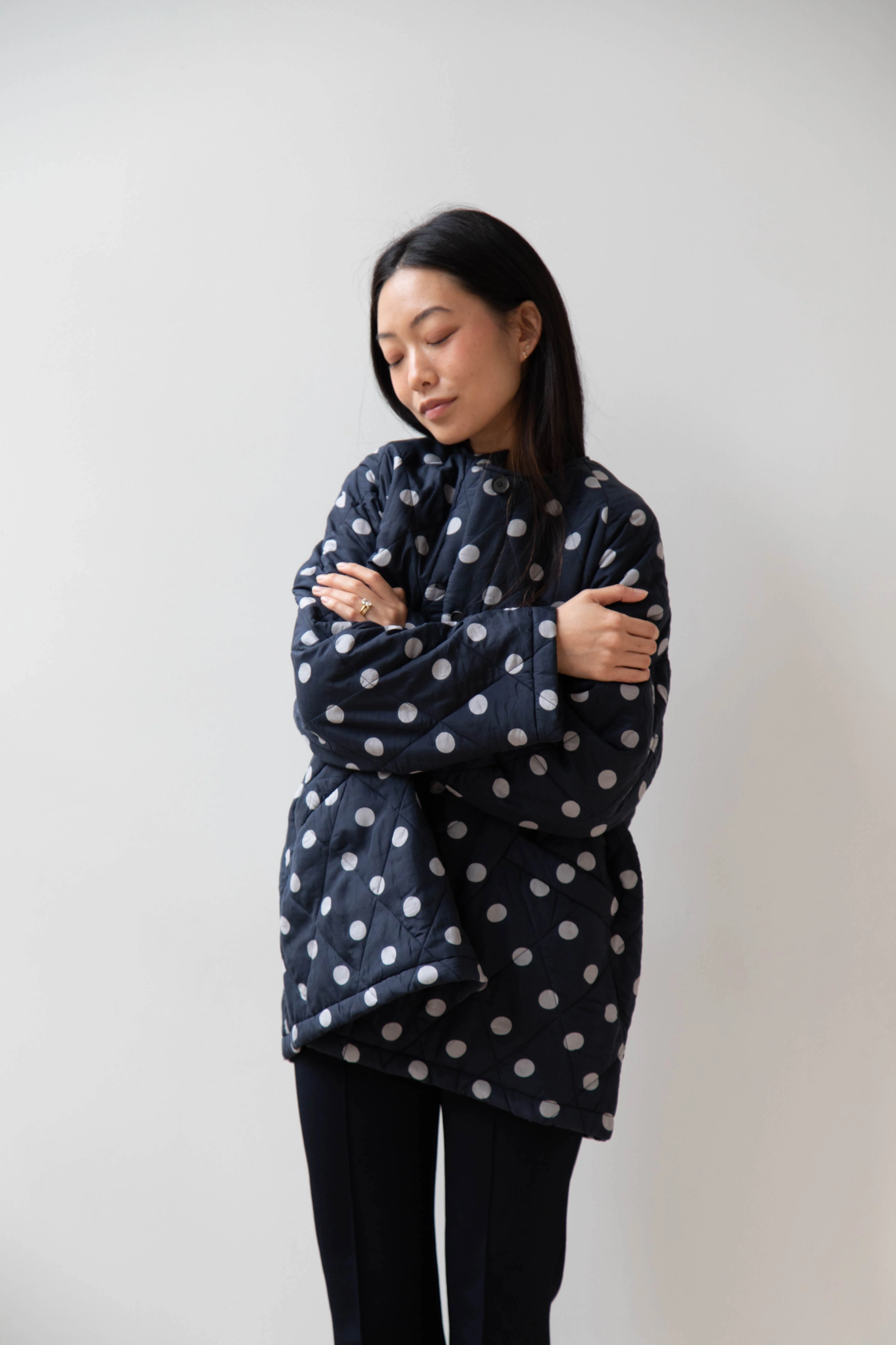 Maison de Soil | Quilted Dot Coat in Navy - Image 7