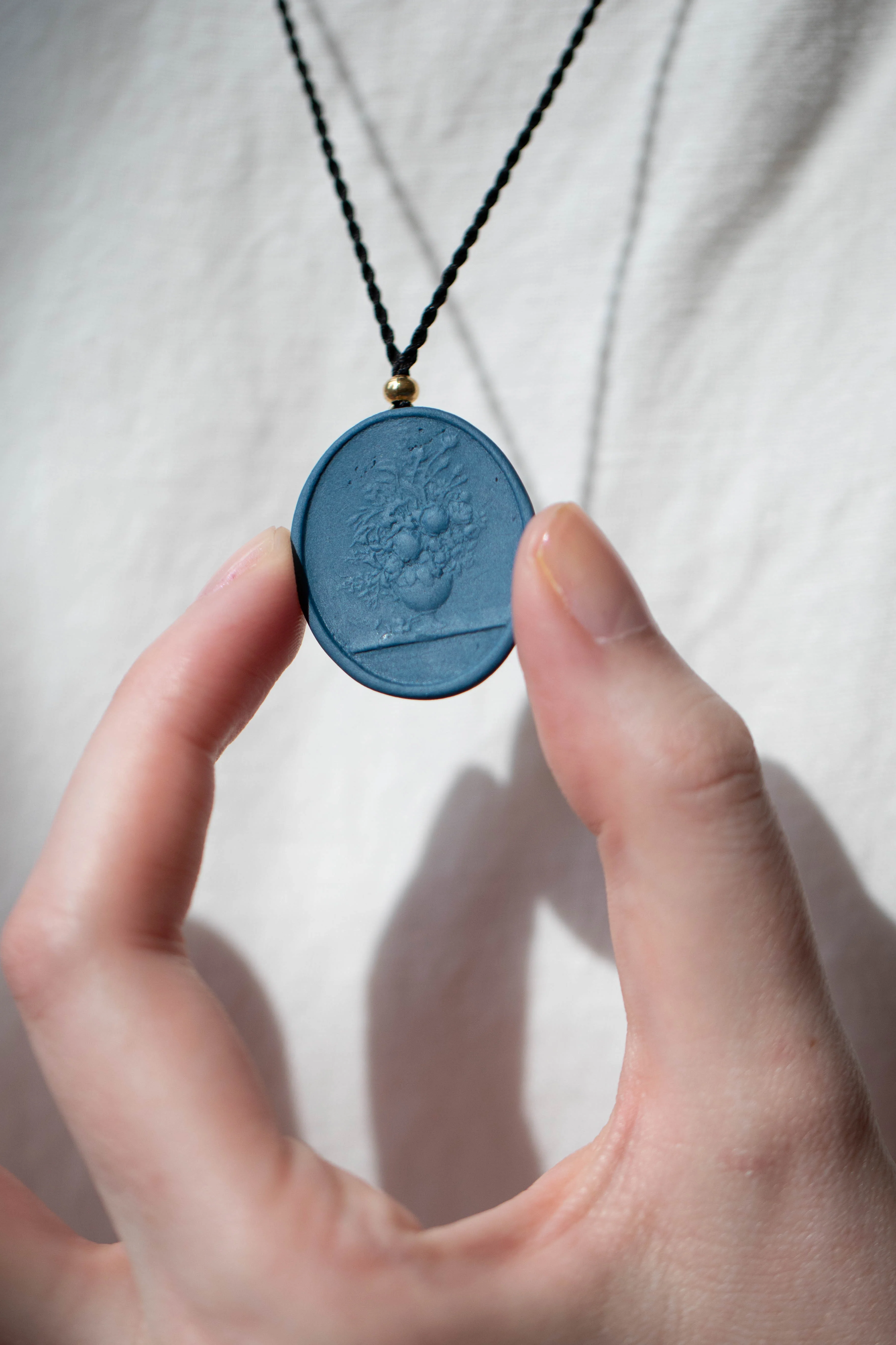 Marcie McGoldrick | Porcelain Cameo Pendant- Vase with Flowers in Indigo - Image 6