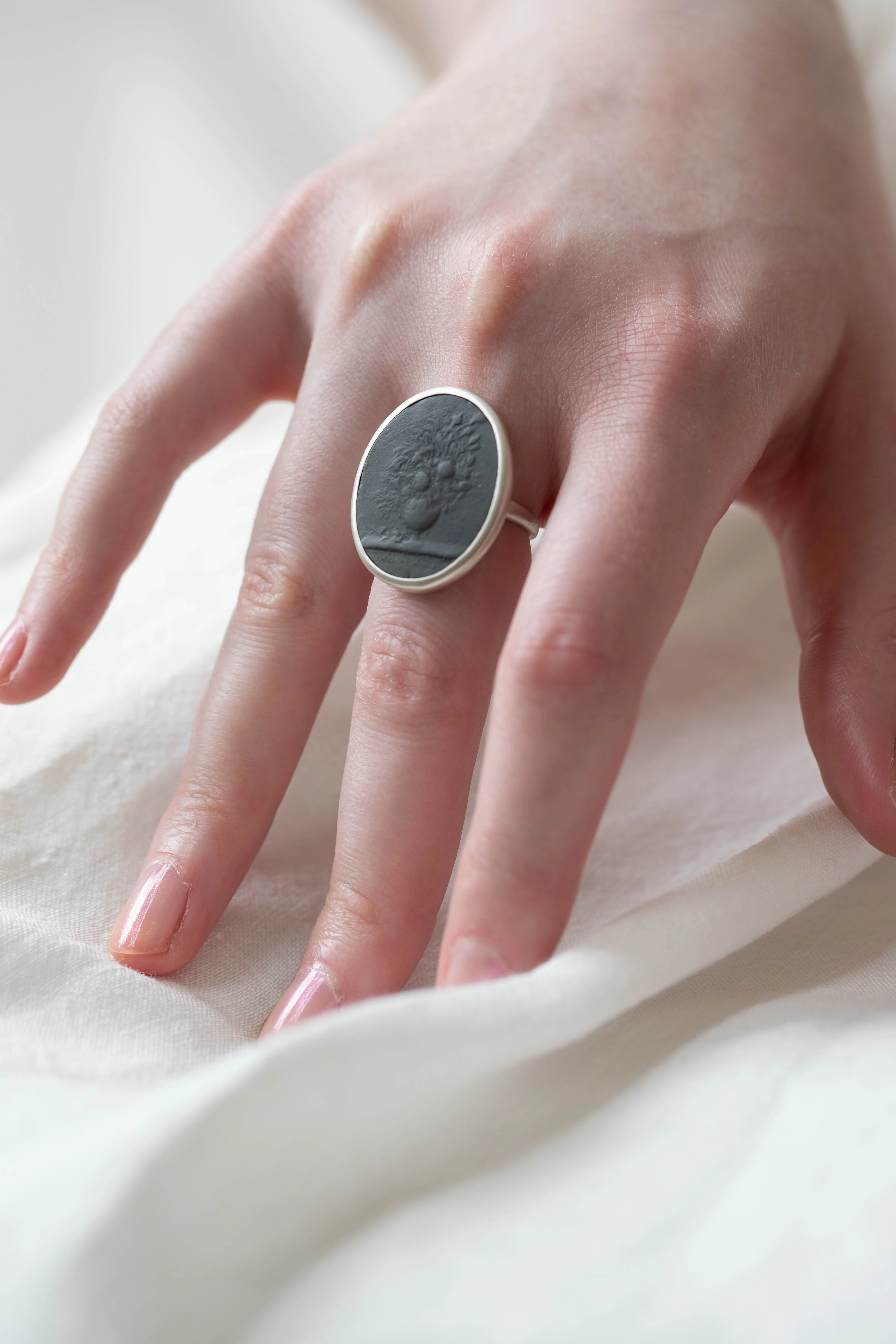 Marcie McGoldrick | Porcelain Cameo Ring- Vase with Flowers in Onyx - Image 6