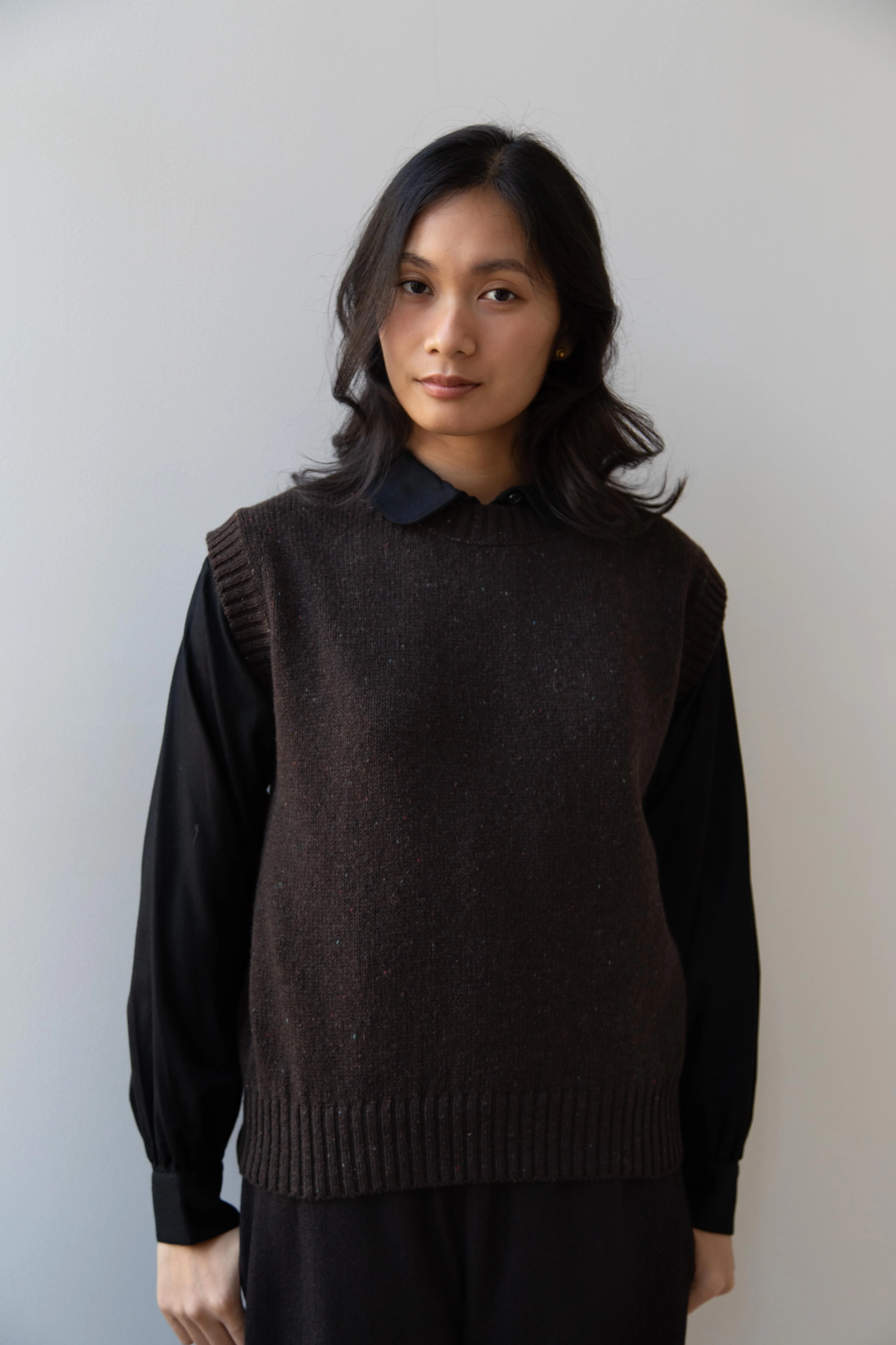 Margaret Howell | Boxy Crewneck Slipover Vest in Donegal Dark Brown - Image 3