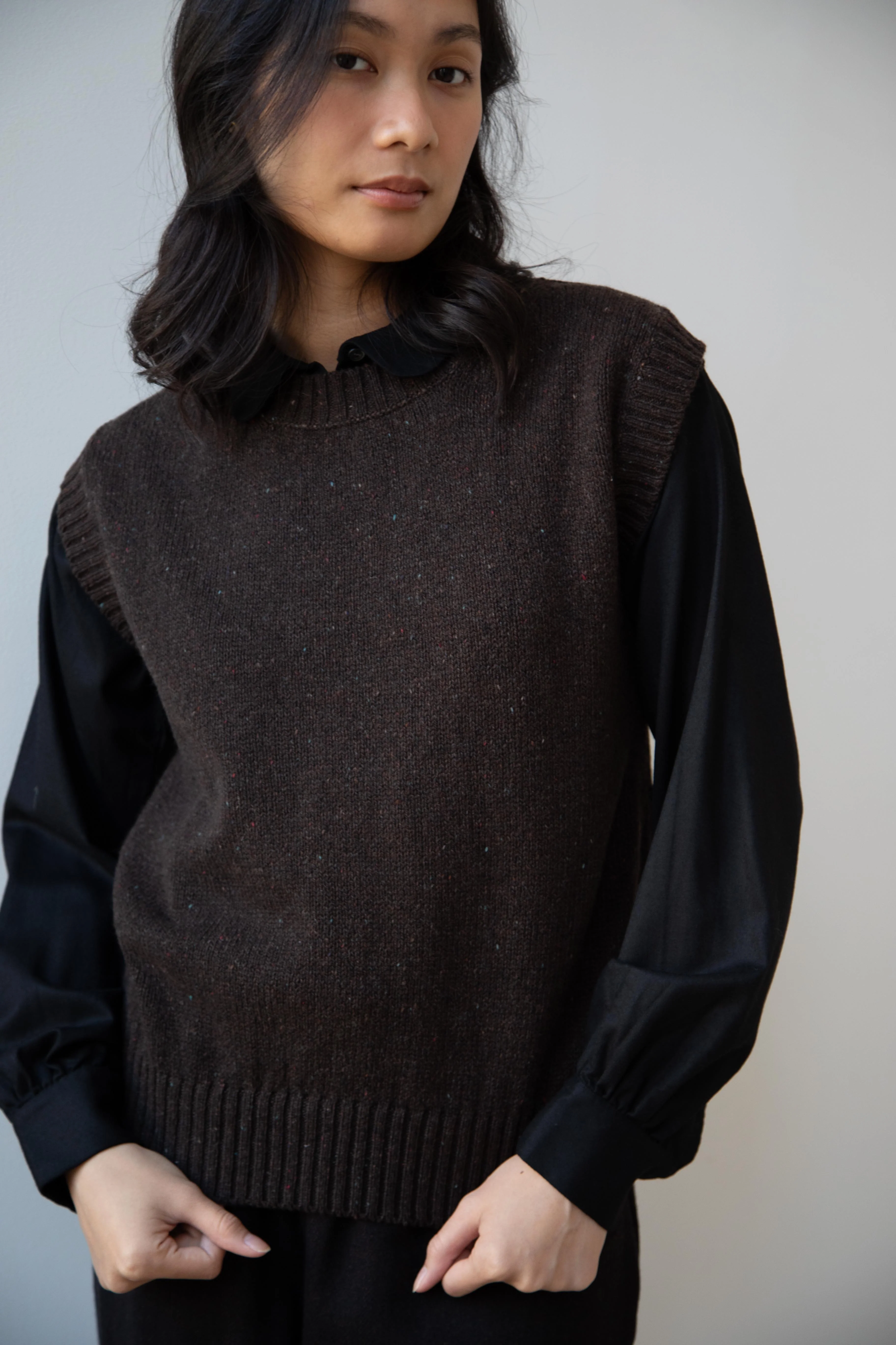Margaret Howell | Boxy Crewneck Slipover Vest in Donegal Dark Brown - Image 30