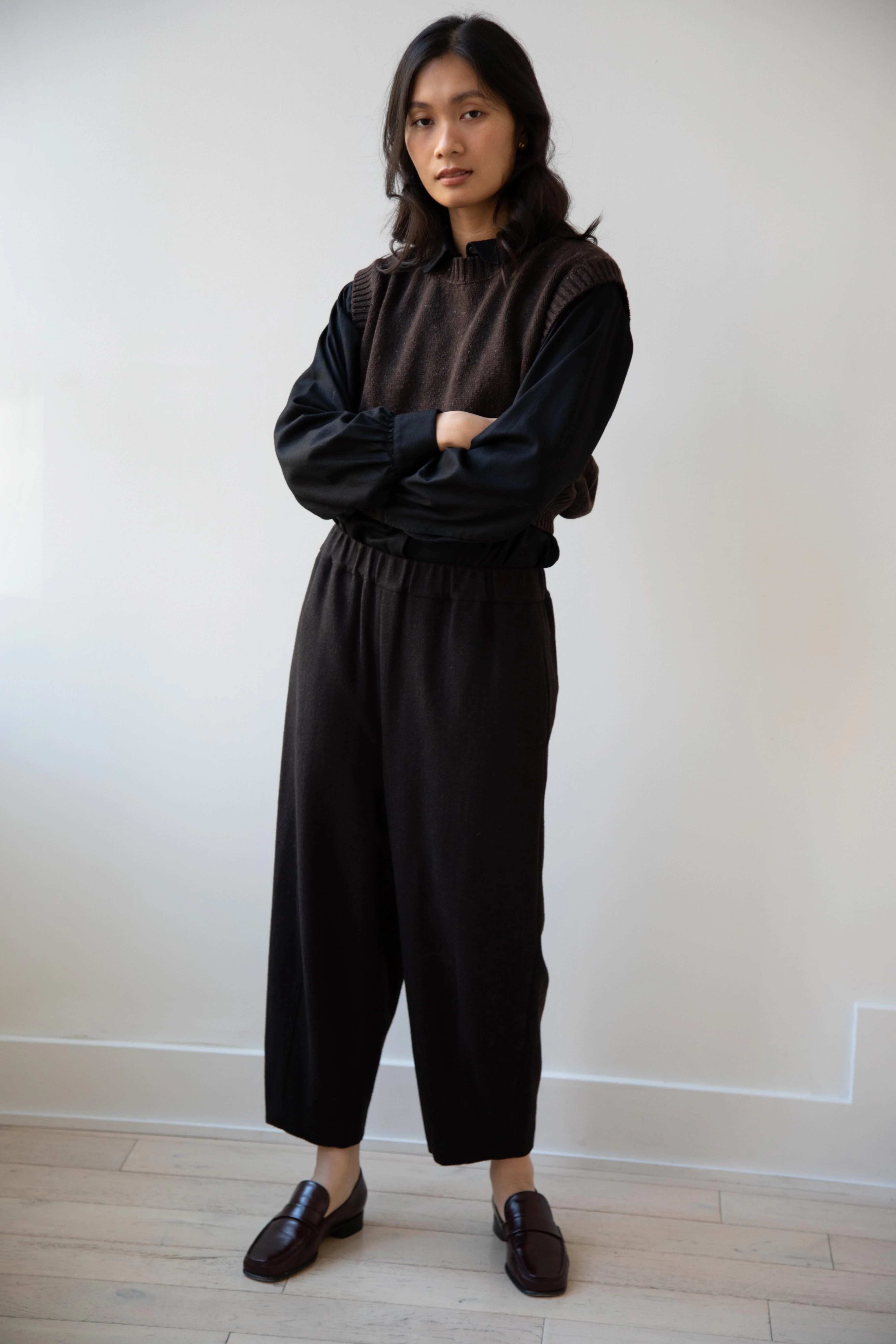 Margaret Howell | Boxy Crewneck Slipover Vest in Donegal Dark Brown - Image 35