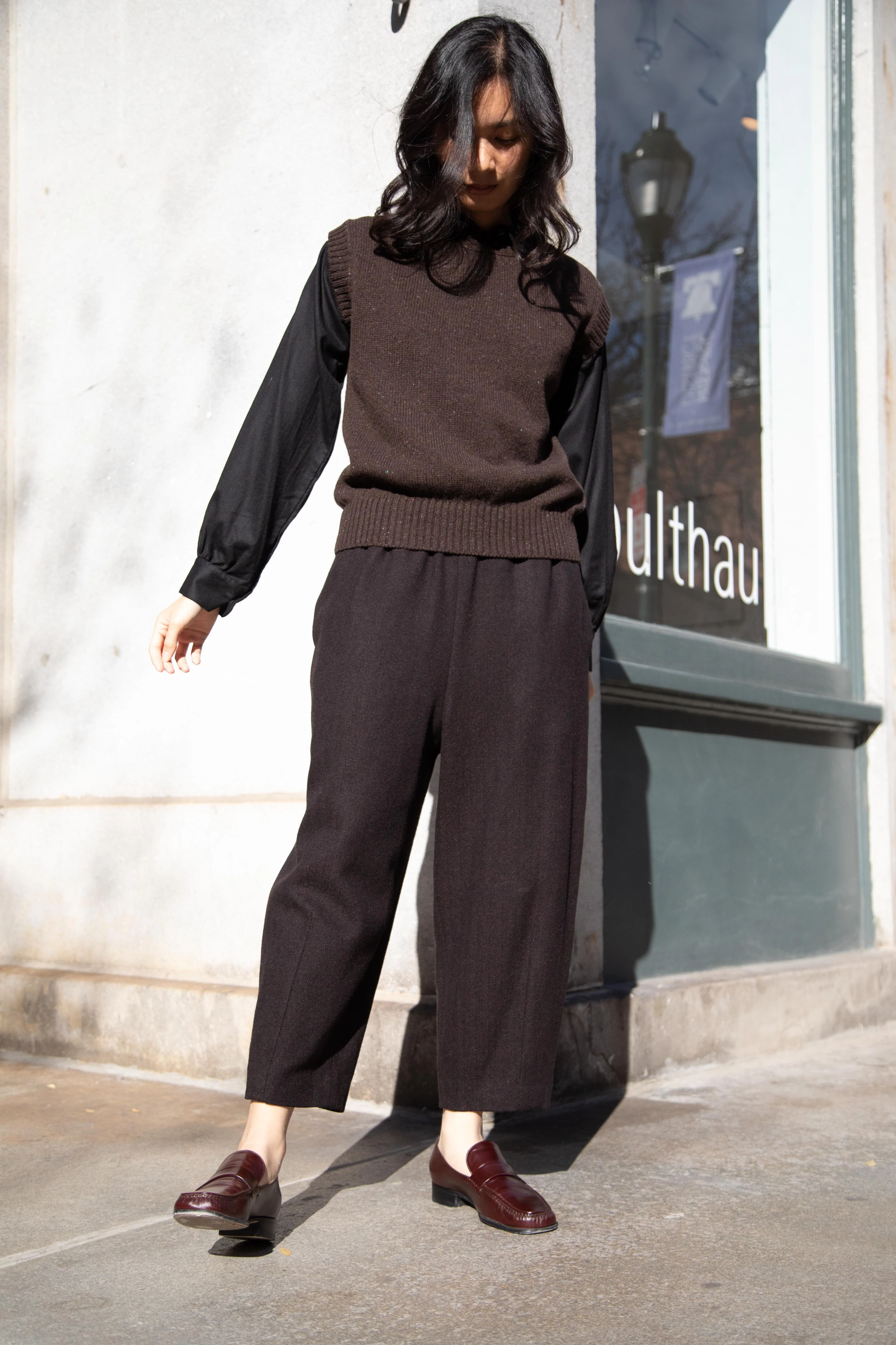 Margaret Howell | Boxy Crewneck Slipover Vest in Donegal Dark Brown - Image 45