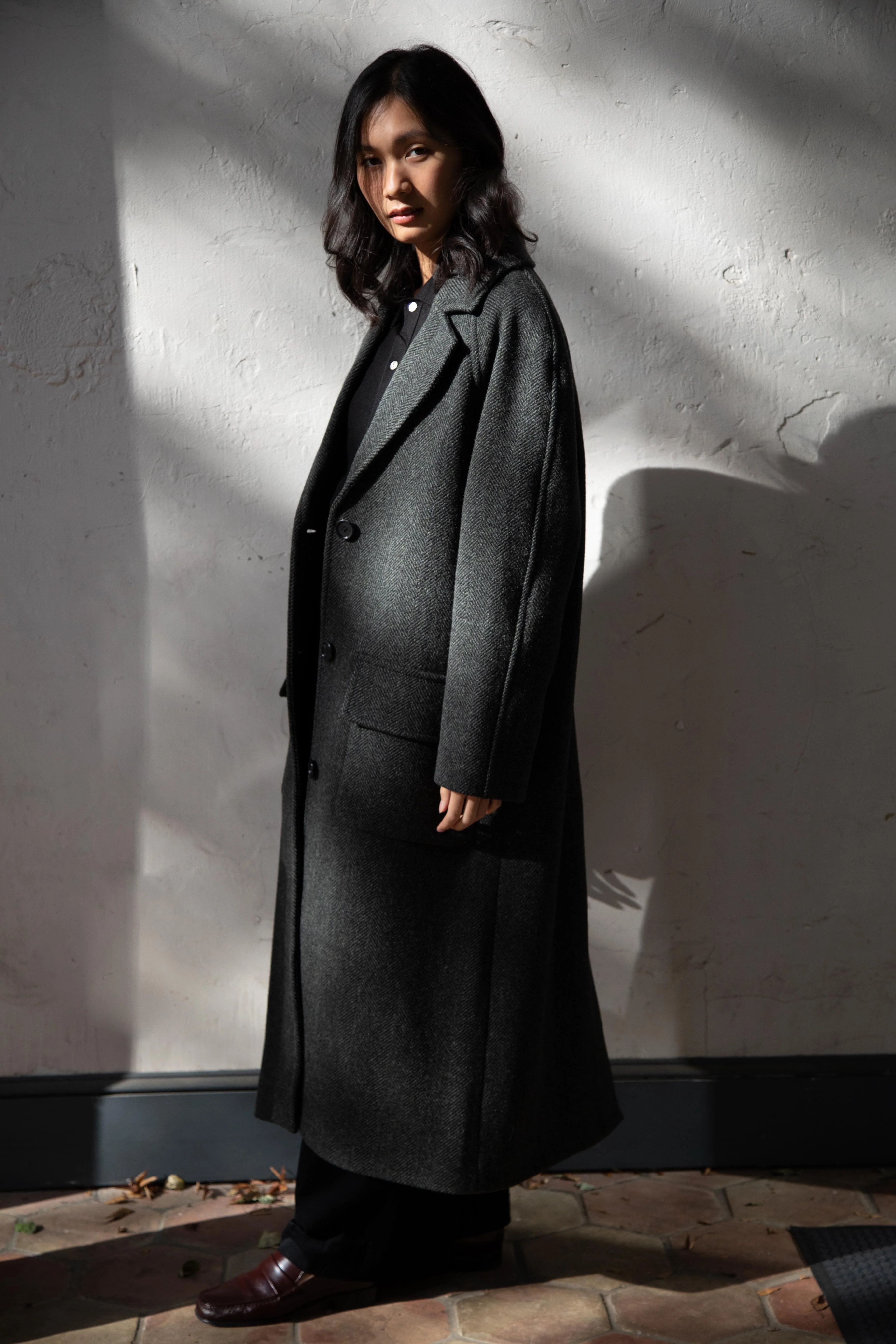 Margaret Howell | Raglan Herringbone Overcoat in Green & Black - Image 13