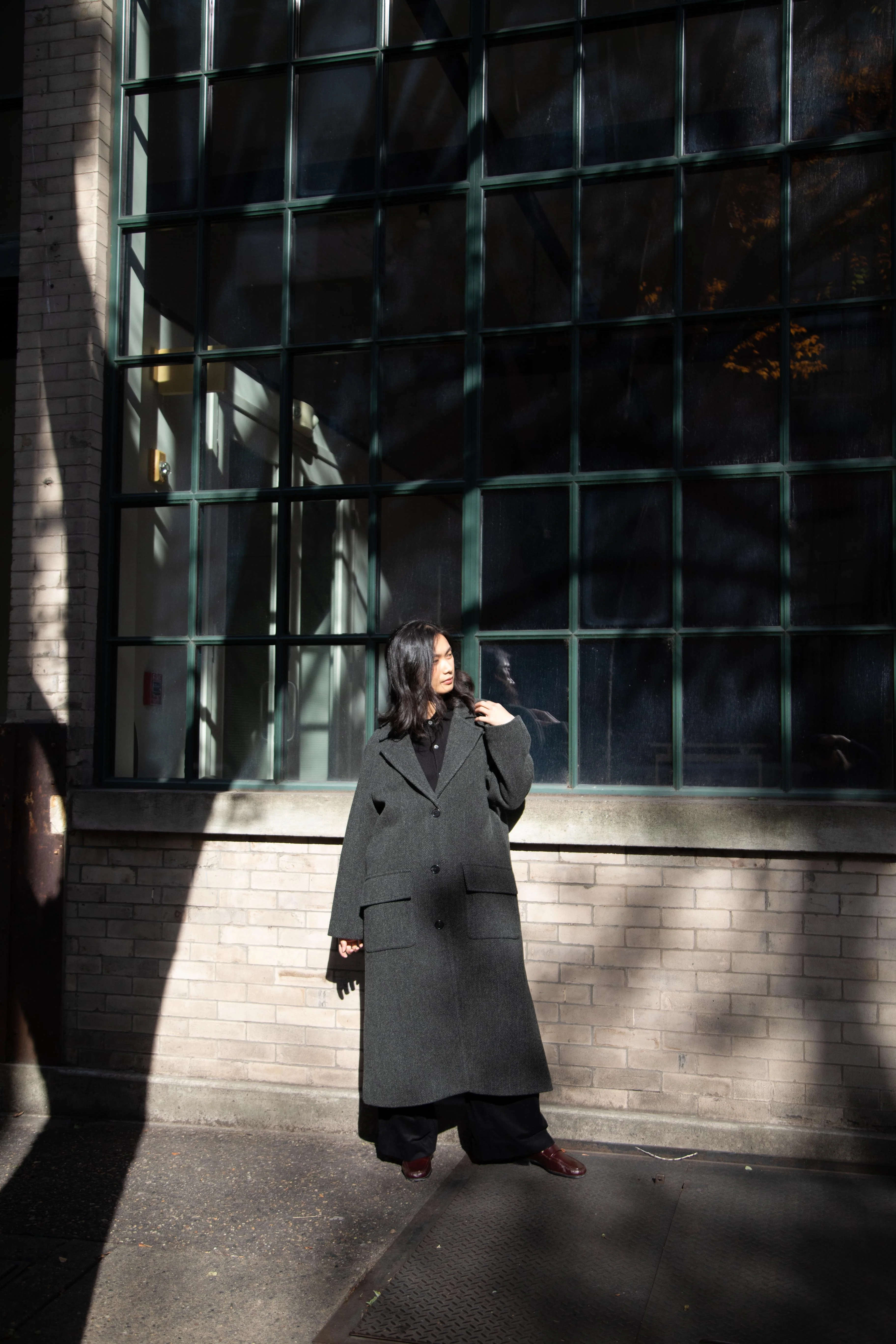 Margaret Howell | Raglan Herringbone Overcoat in Green & Black - Image 46