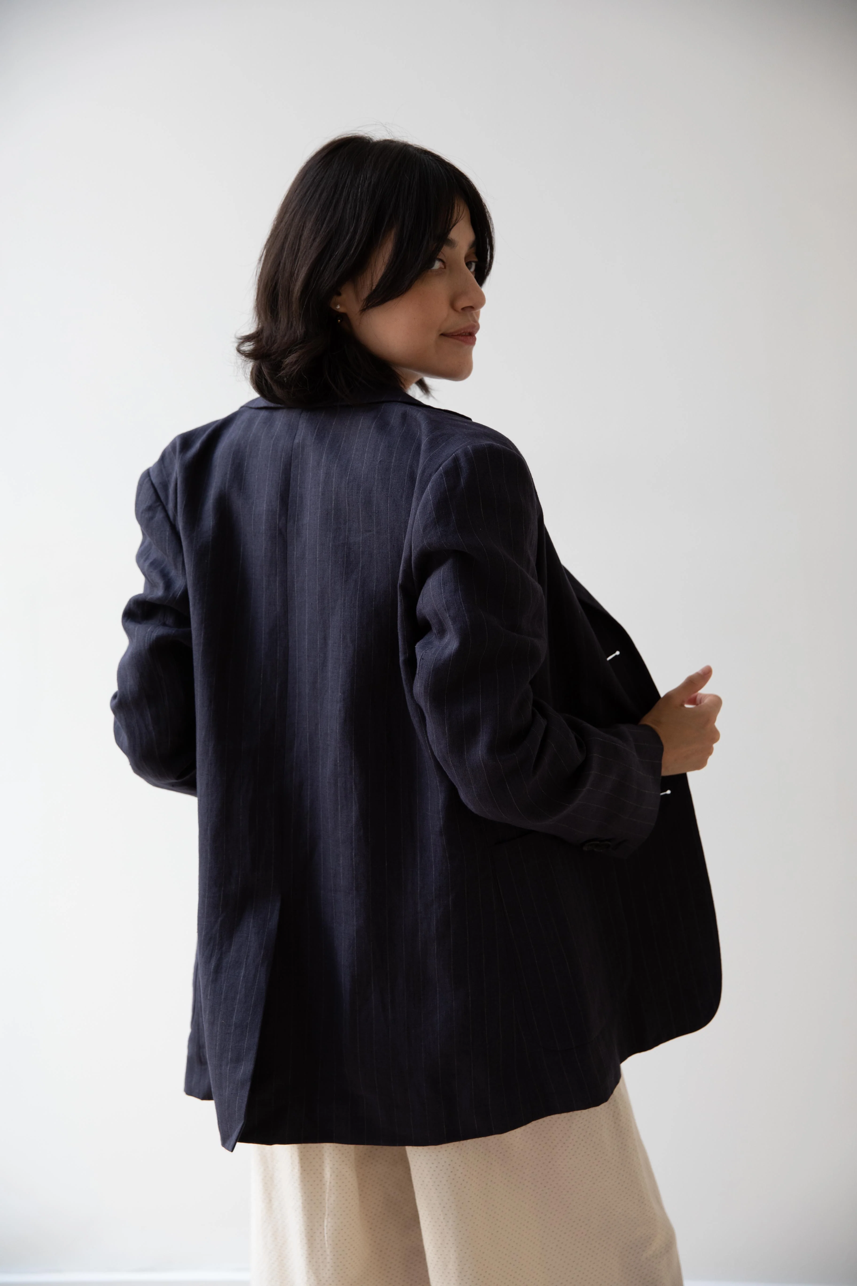 Margaret Howell | Relaxed Pinstripe Linen Blazer in Navy - Image 16