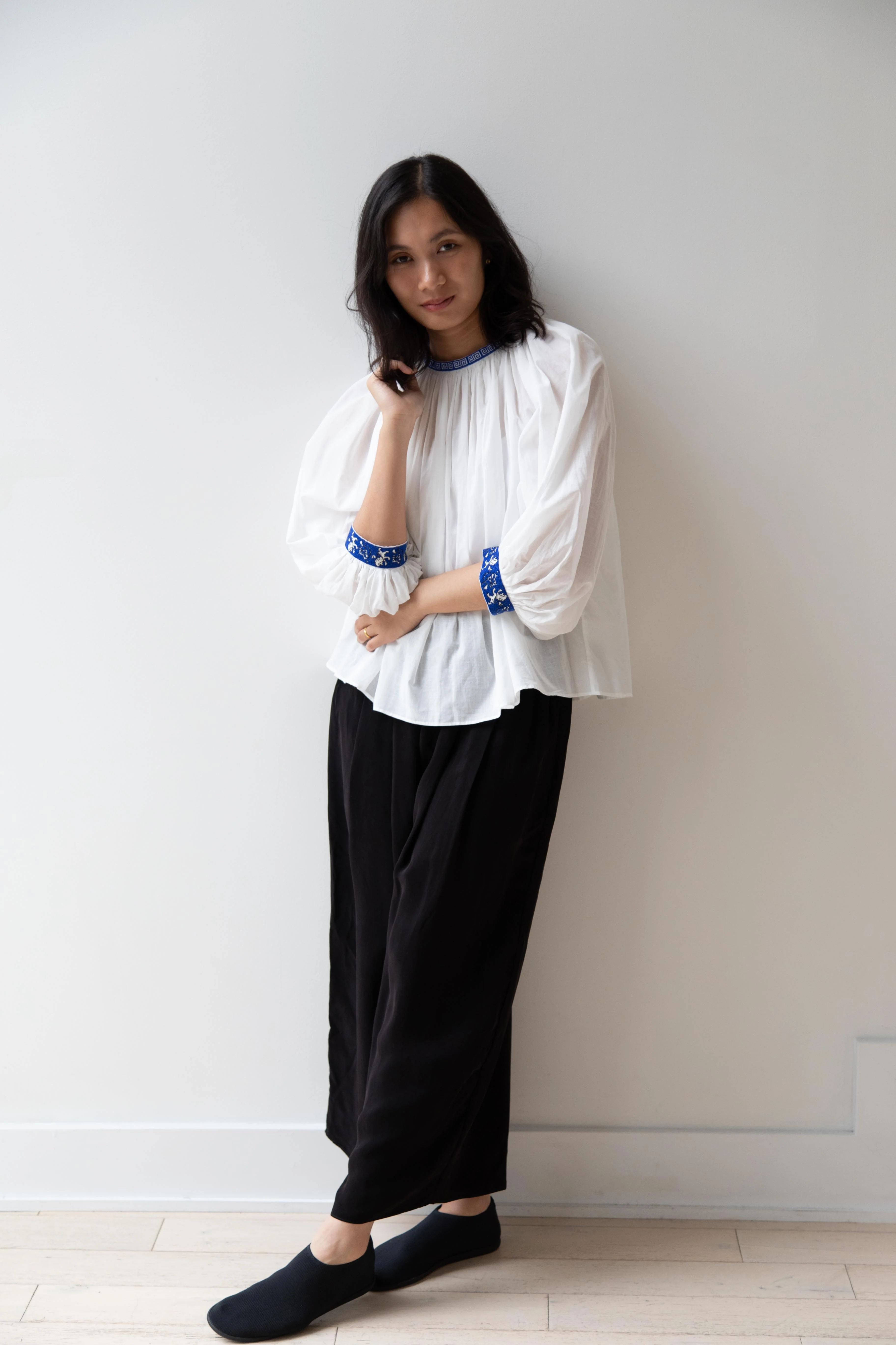 Old Man's Tailor | Embroidered Gathered Smock in White Cotton - Image 11