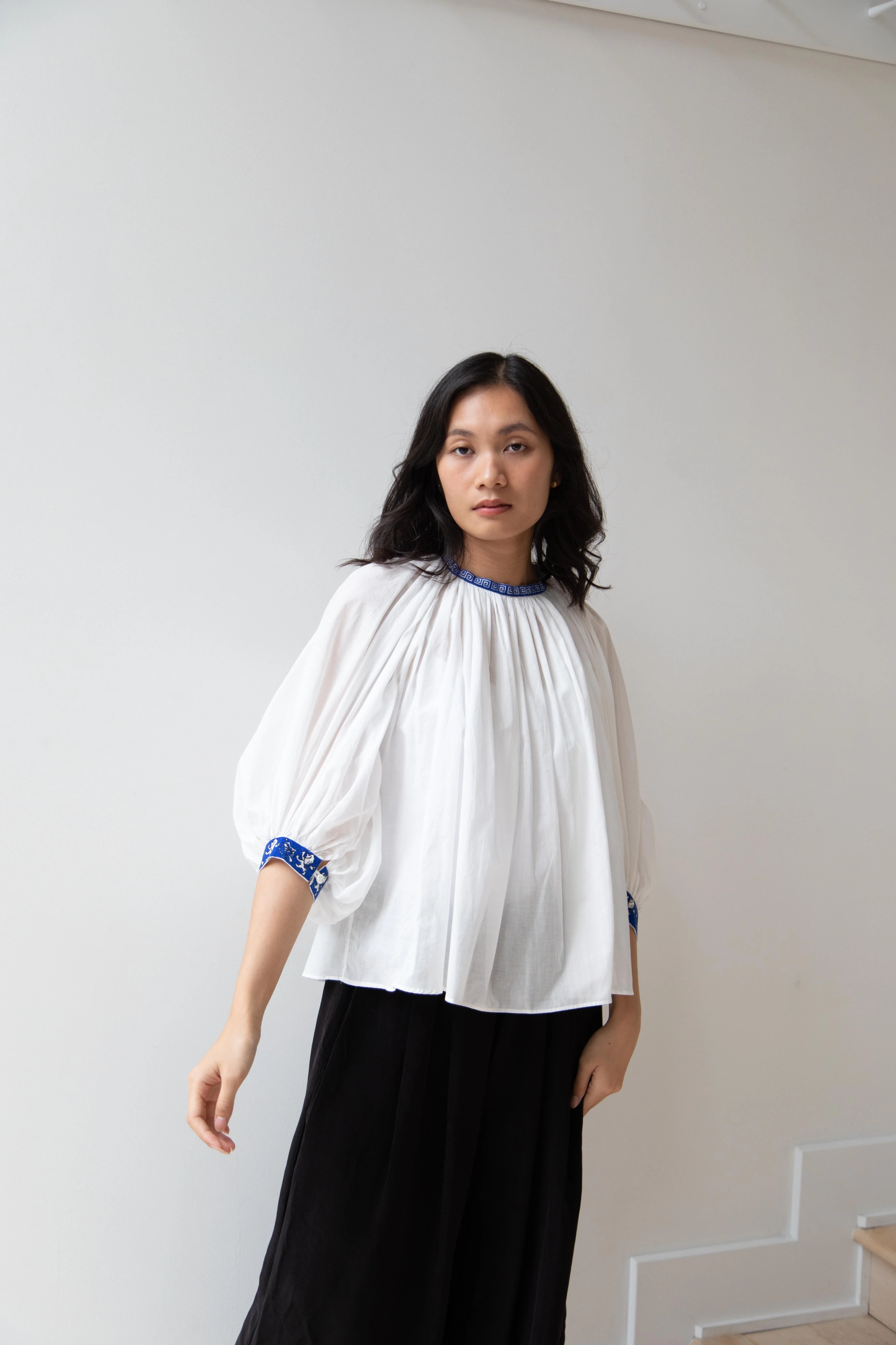 Old Man's Tailor | Embroidered Gathered Smock in White Cotton - Image 13