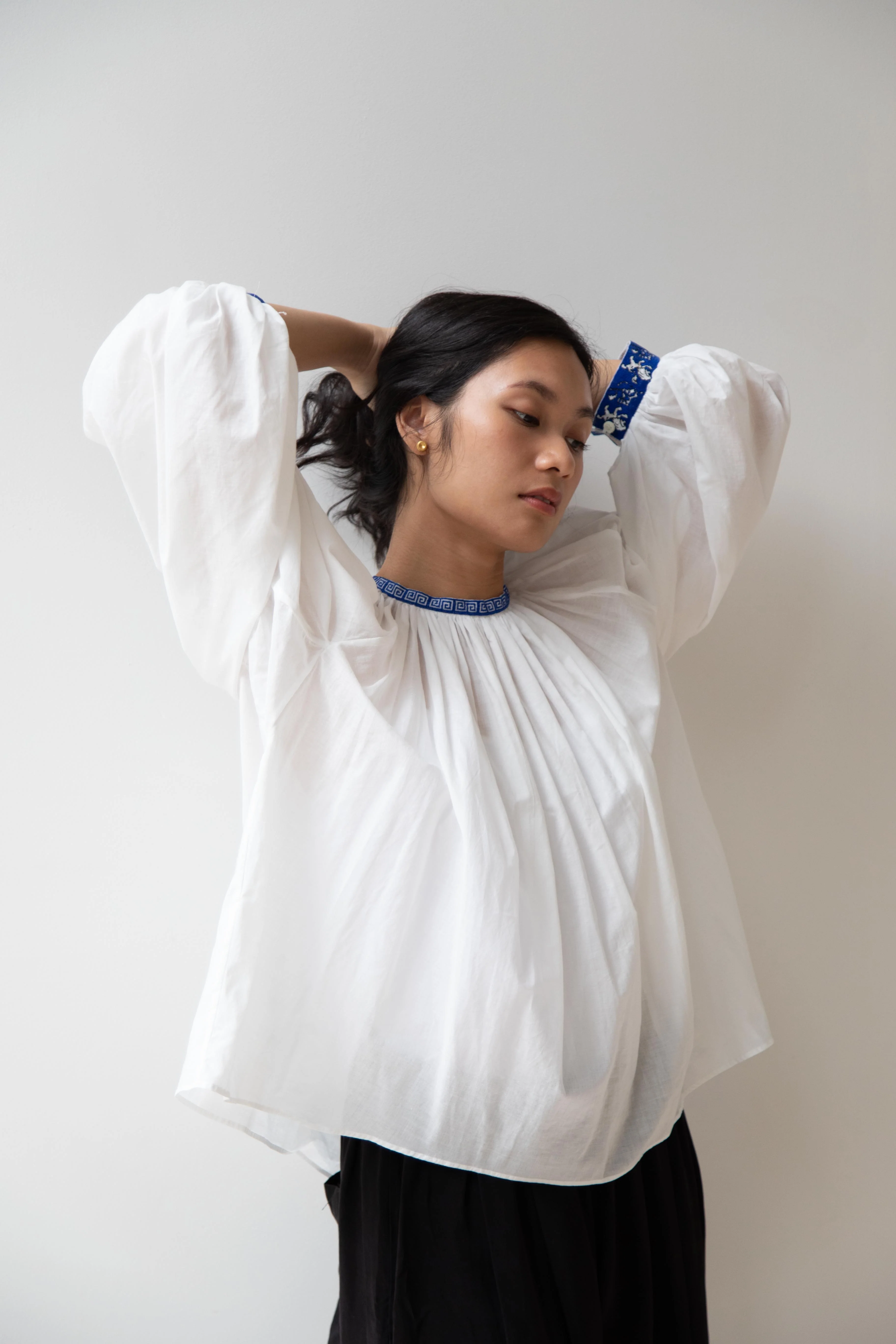 Old Man's Tailor | Embroidered Gathered Smock in White Cotton - Image 2