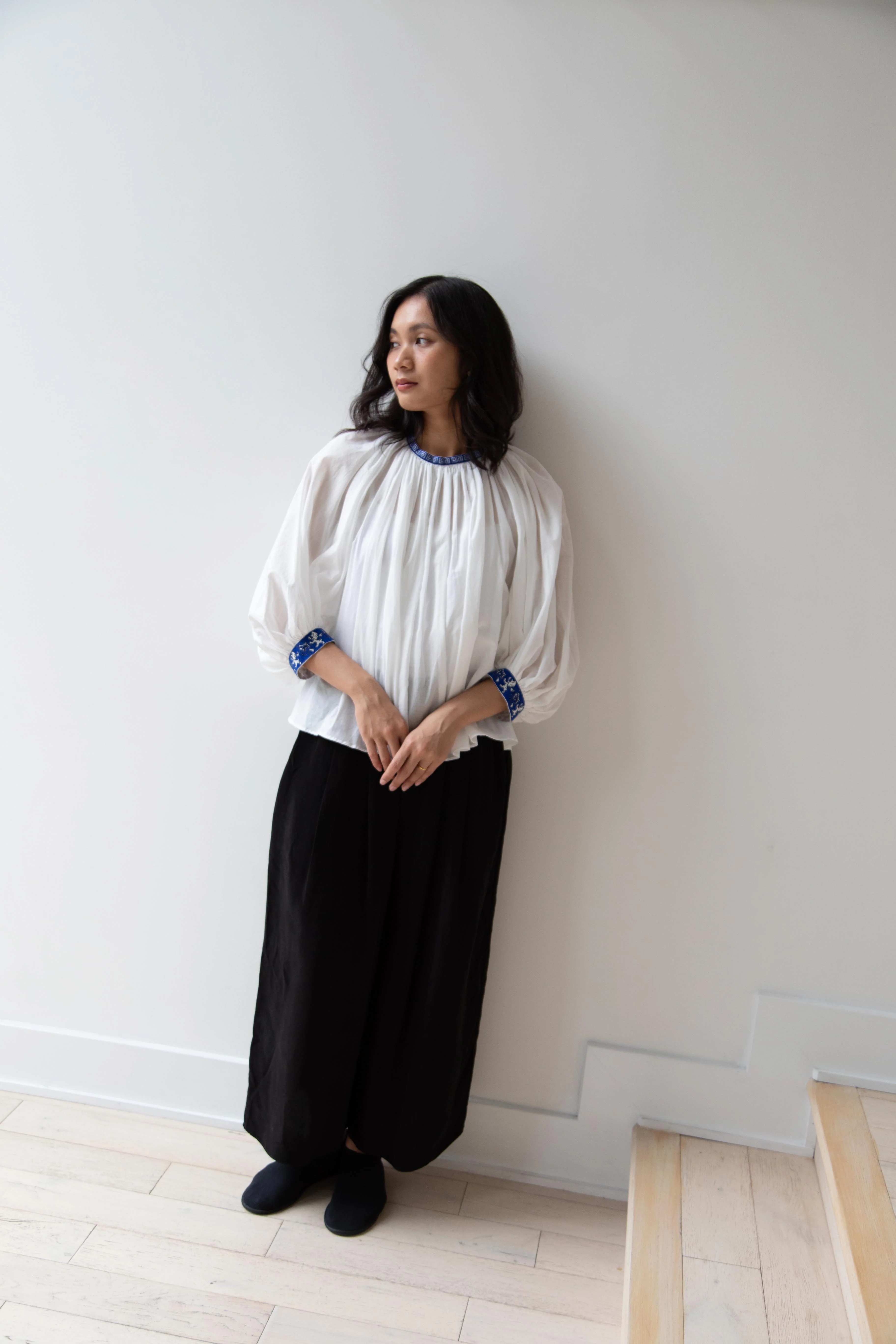 Old Man's Tailor | Embroidered Gathered Smock in White Cotton - Image 23