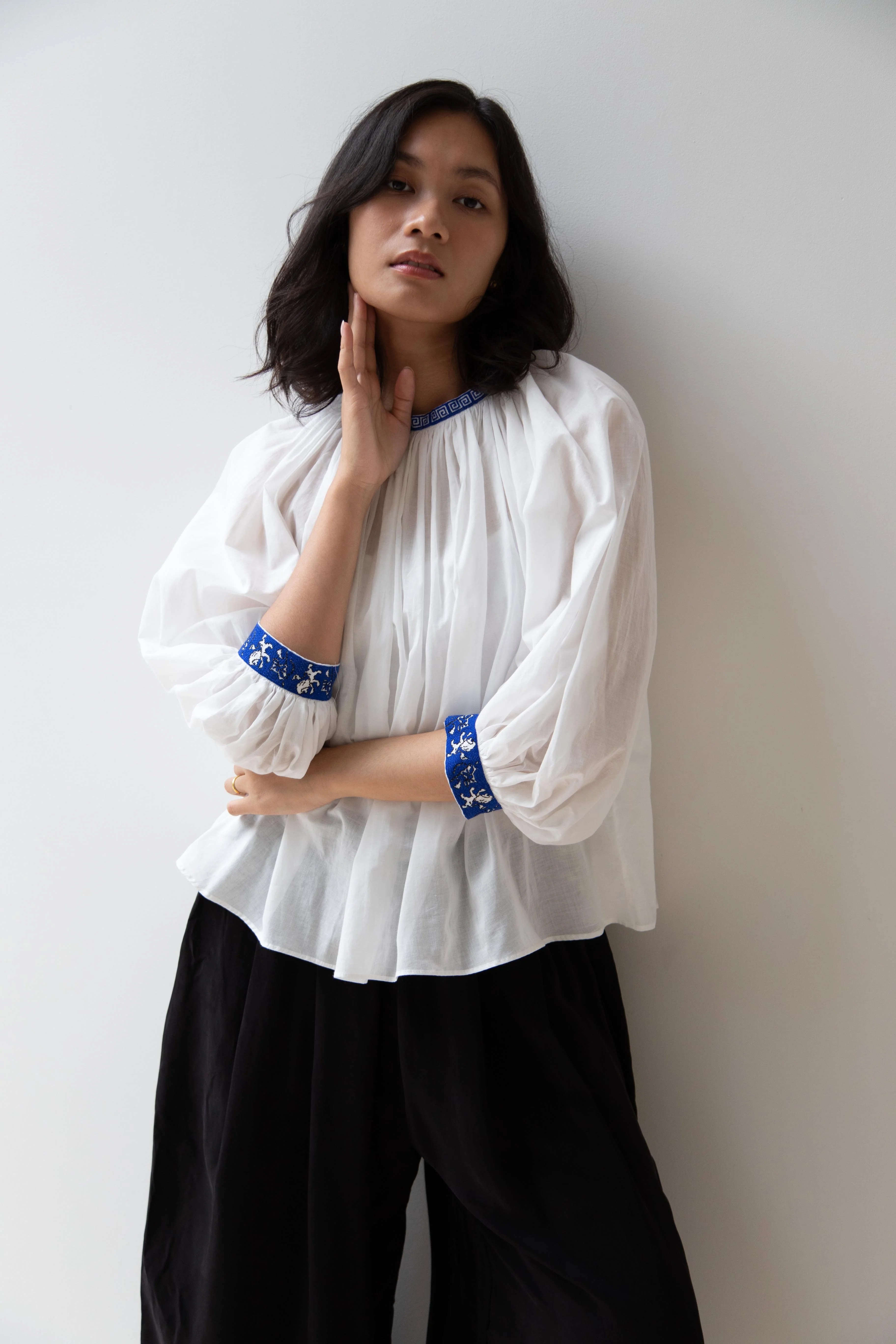 Old Man's Tailor | Embroidered Gathered Smock in White Cotton - Image 8