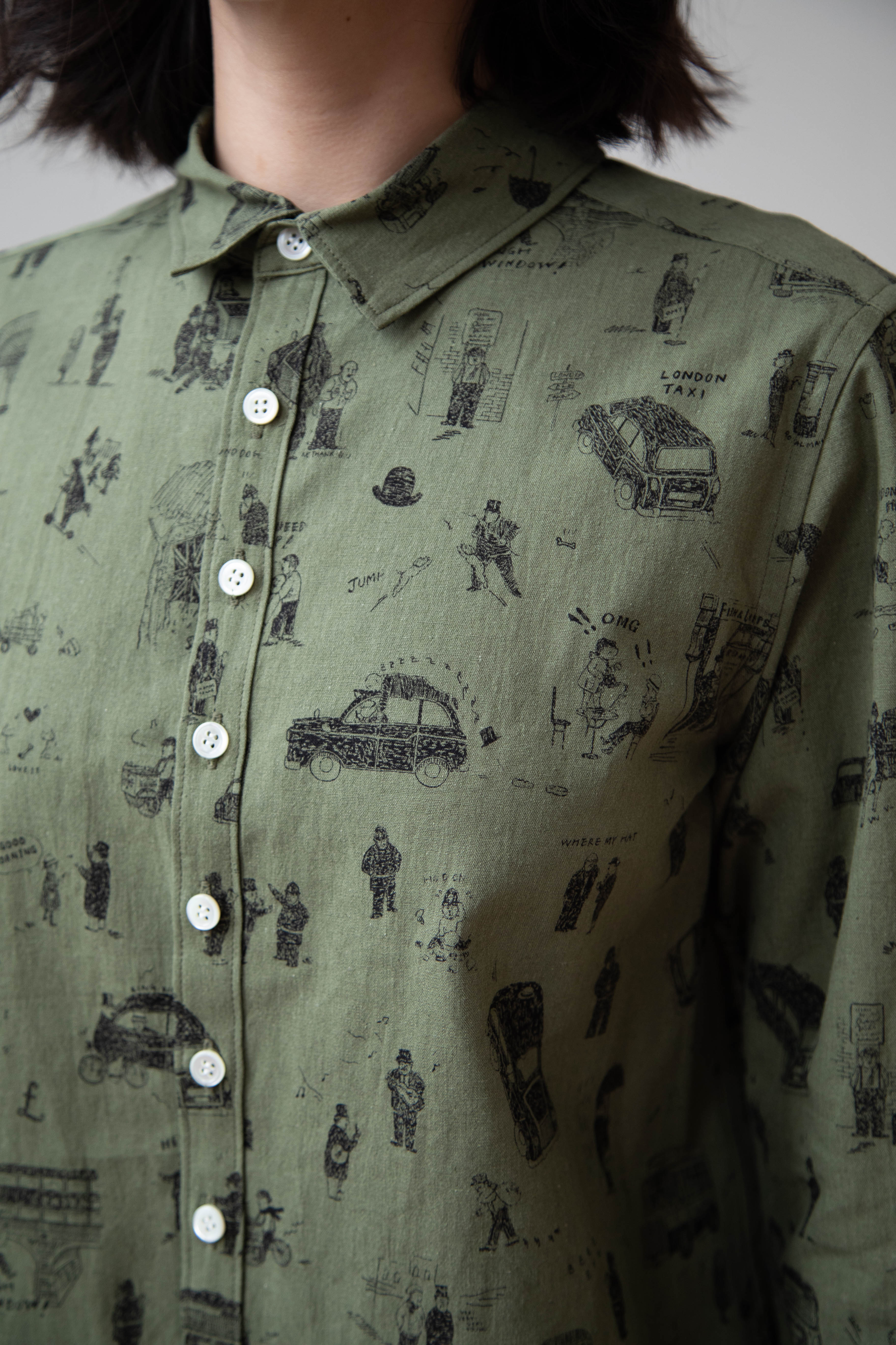 Old Man's Tailor | Small Collar Shirt in "Where is My Dog?" Print in Khaki - Image 15