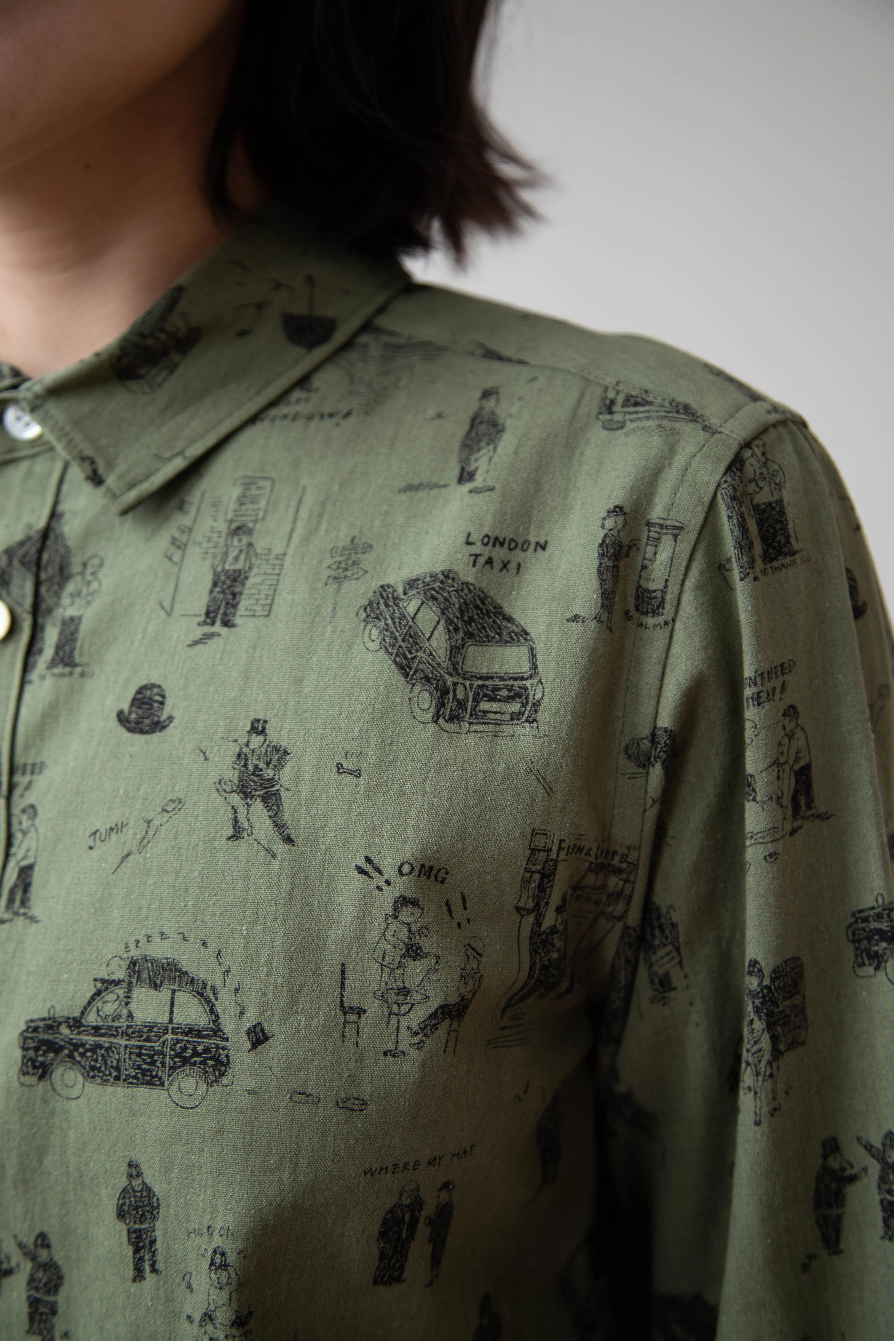 Old Man's Tailor | Small Collar Shirt in "Where is My Dog?" Print in Khaki - Image 6