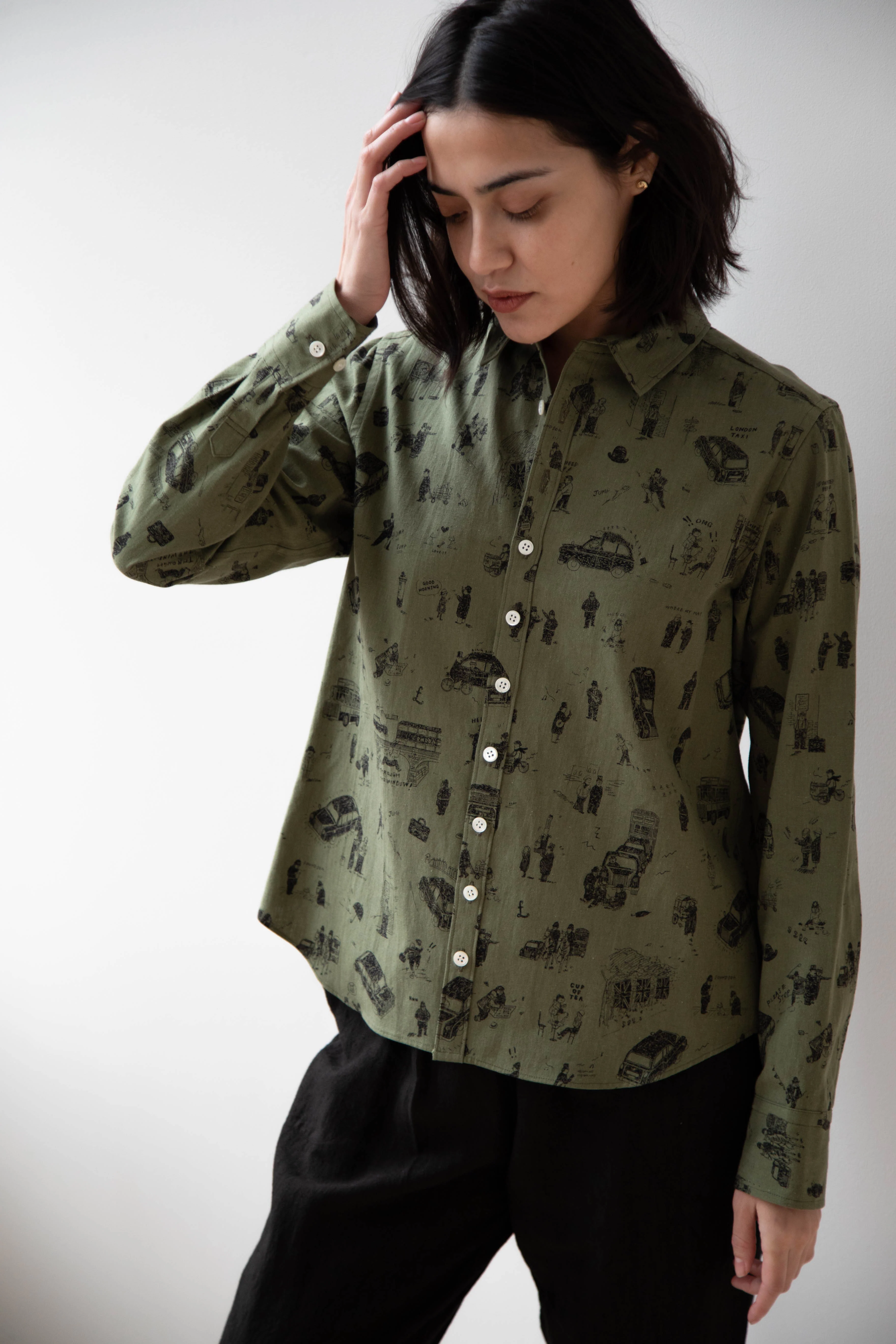 Old Man's Tailor | Small Collar Shirt in "Where is My Dog?" Print in Khaki - Image 9