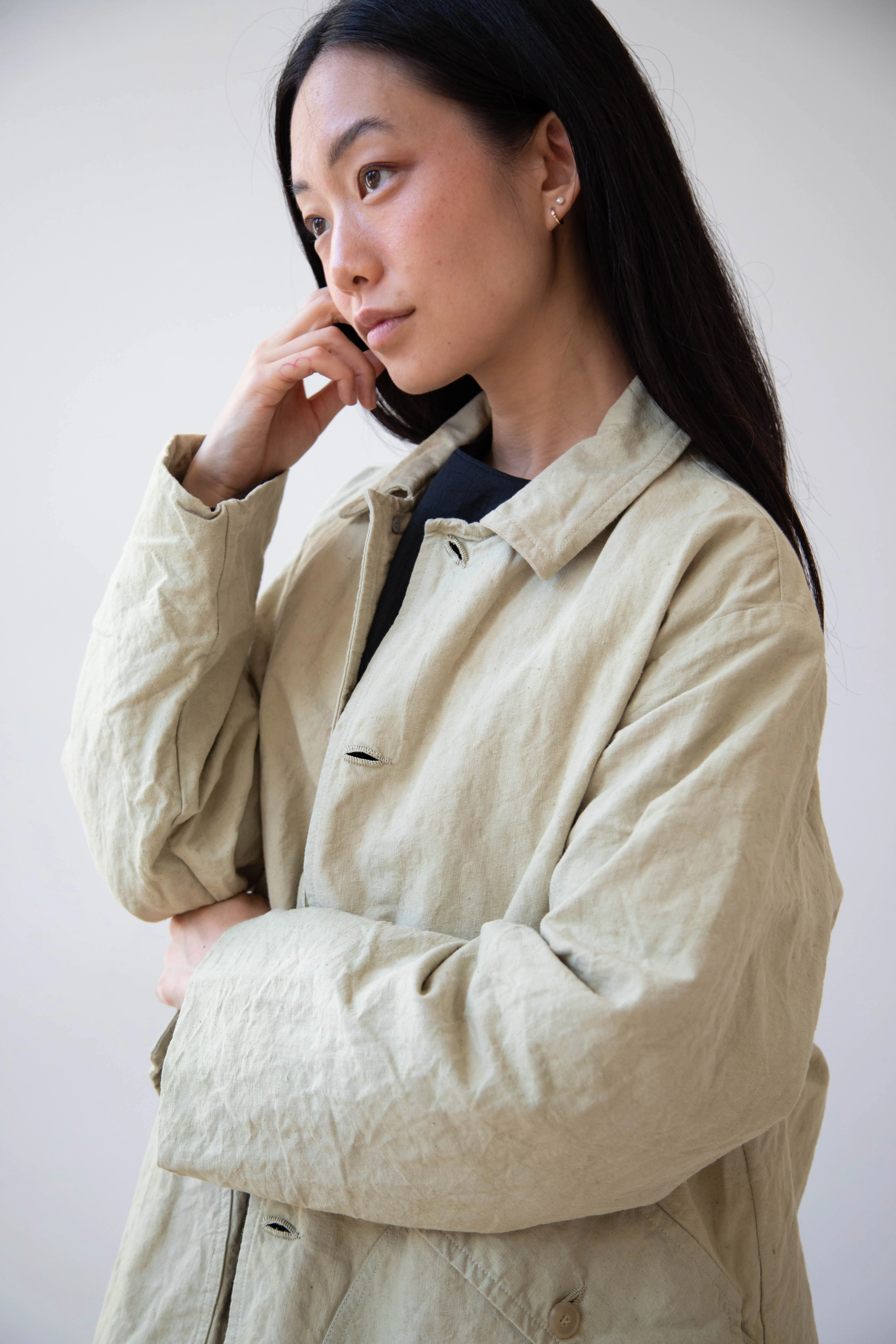 Oliver Church | Big Coat in Olive Antique French Linen Cotton - Image 3