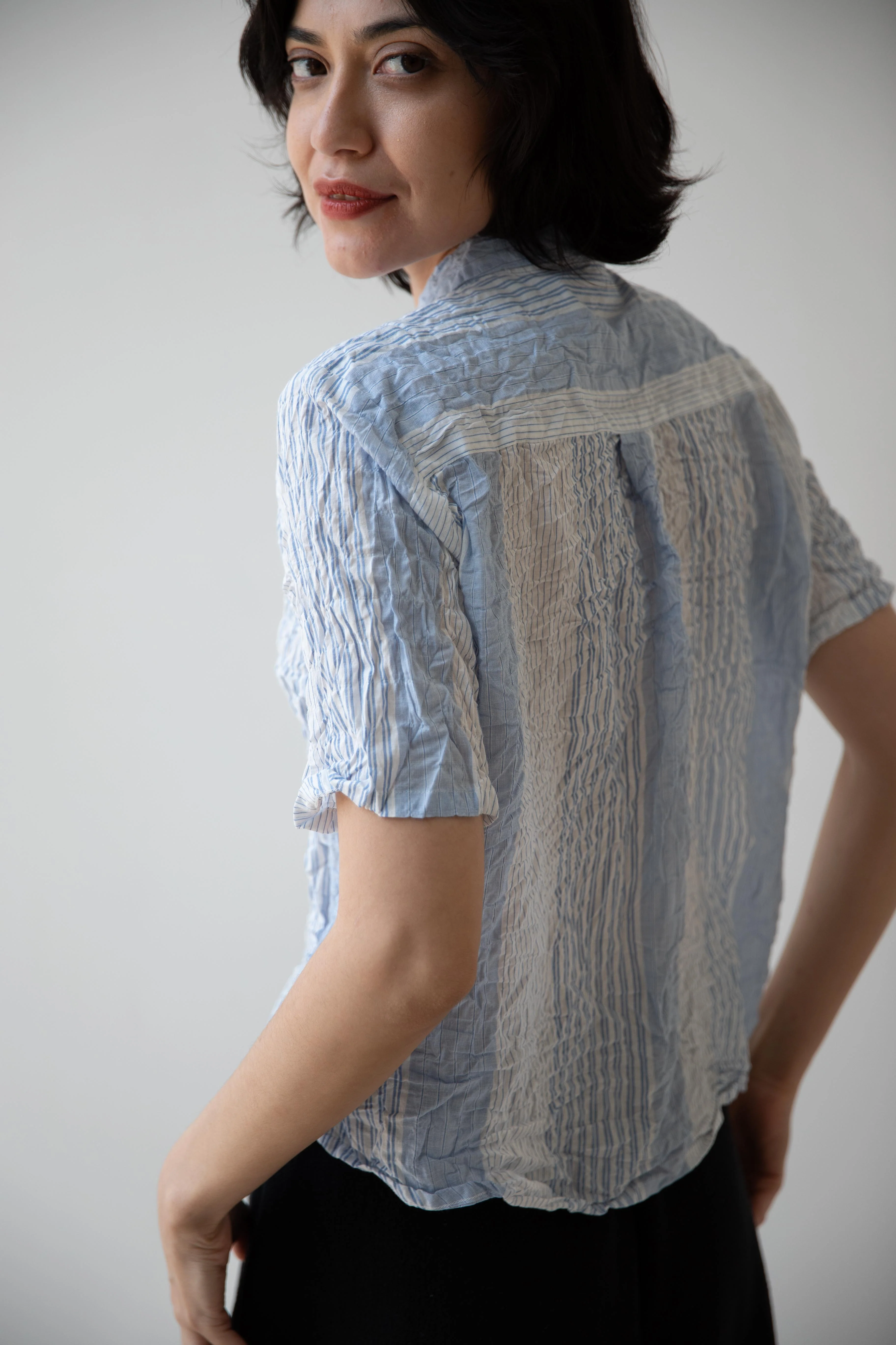 Pas de Calais | Shirring Stripe Short Sleeve Blouse in Off White - Image 20