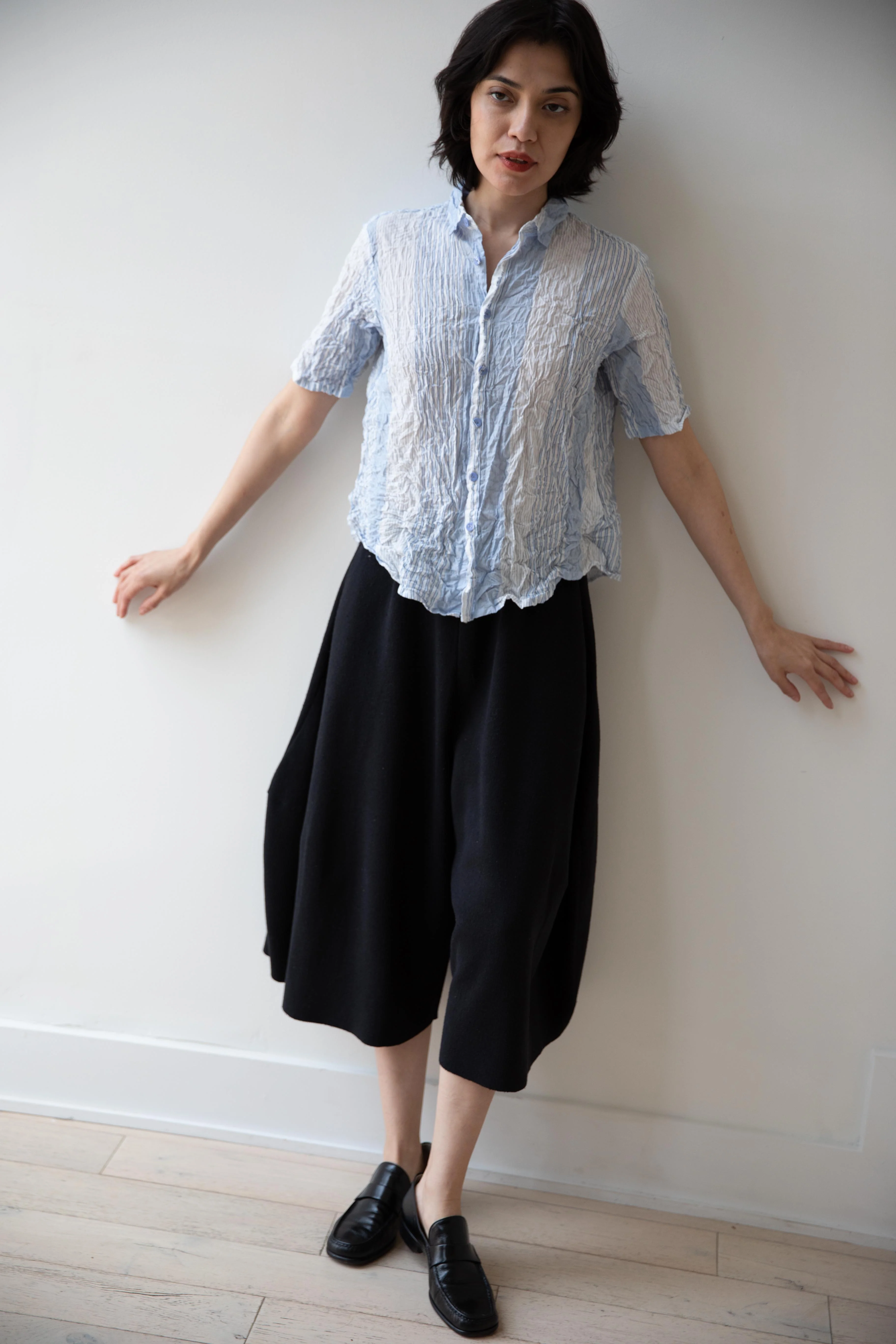 Pas de Calais | Shirring Stripe Short Sleeve Blouse in Off White - Image 9