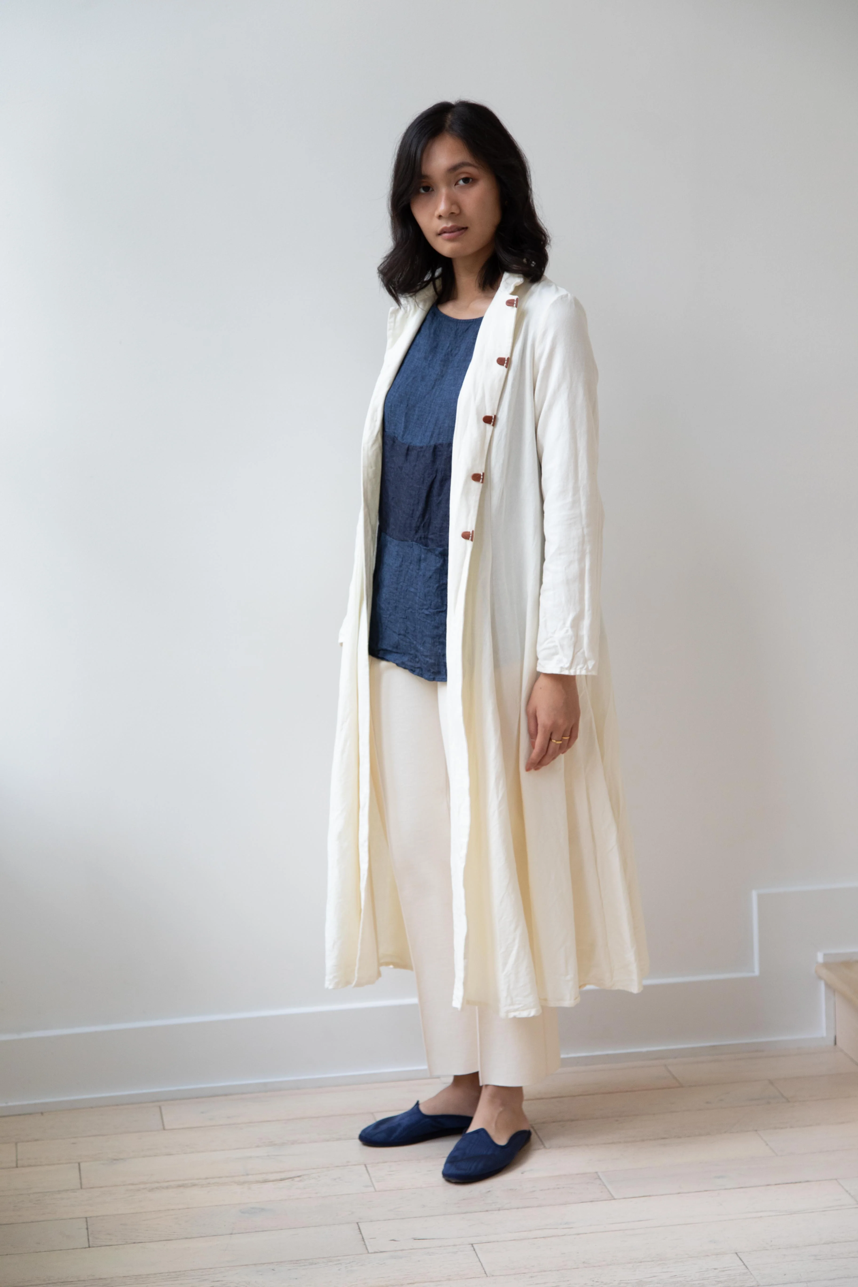 Risa Nakamura | Black Kohaze Flared Coat in Cream - Image 35