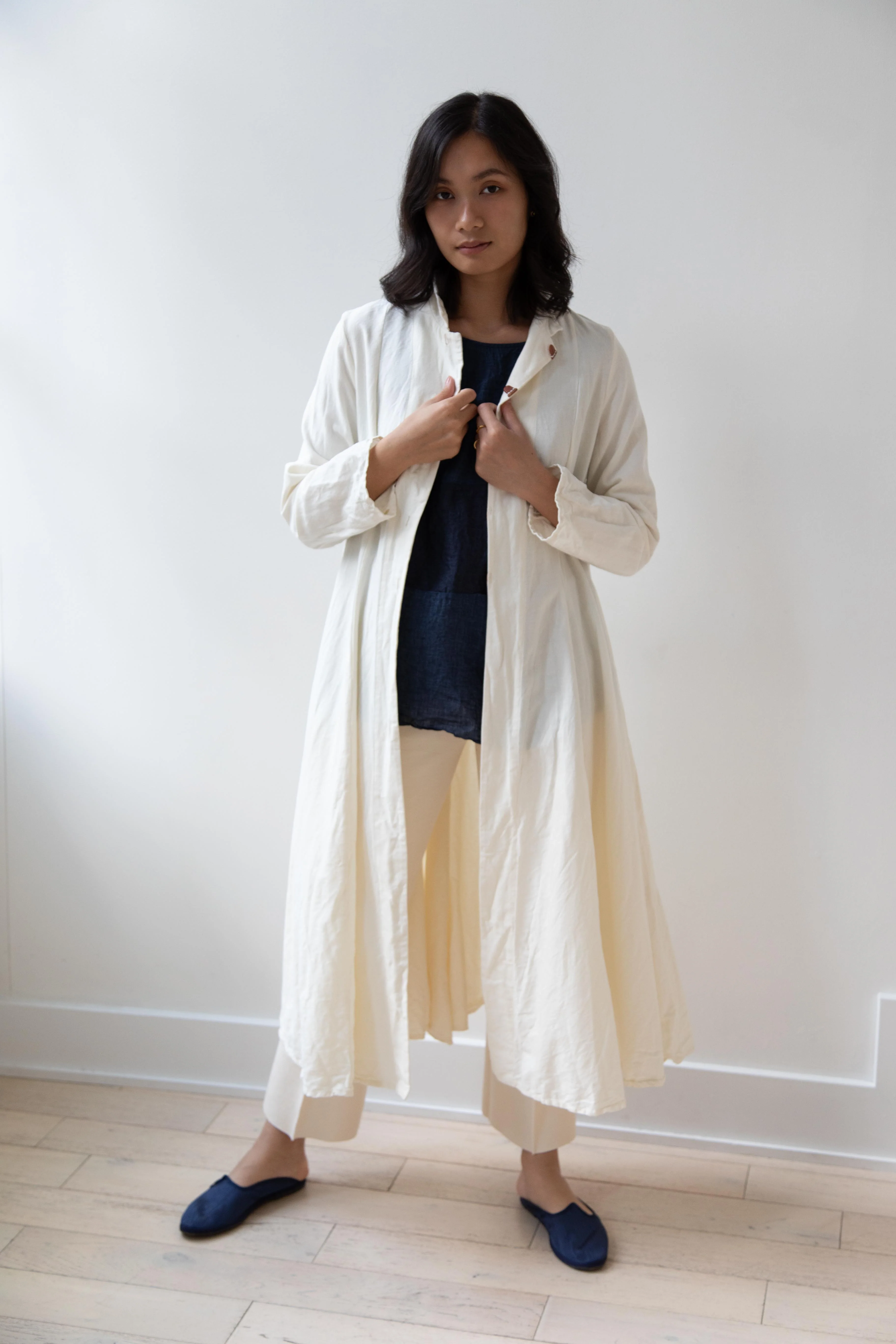 Risa Nakamura | Black Kohaze Flared Coat in Cream - Image 44