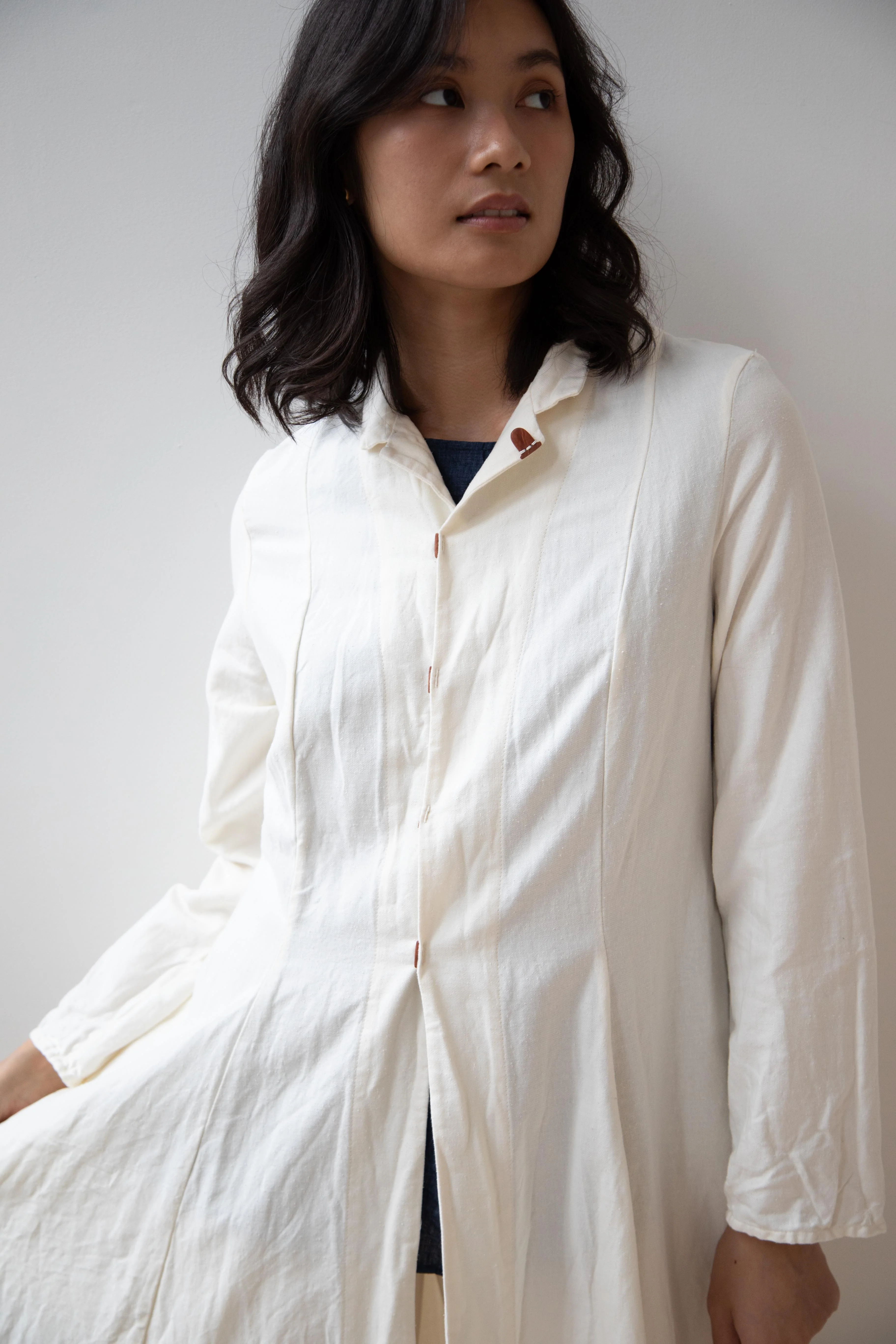 Risa Nakamura | Black Kohaze Flared Coat in Cream - Image 5