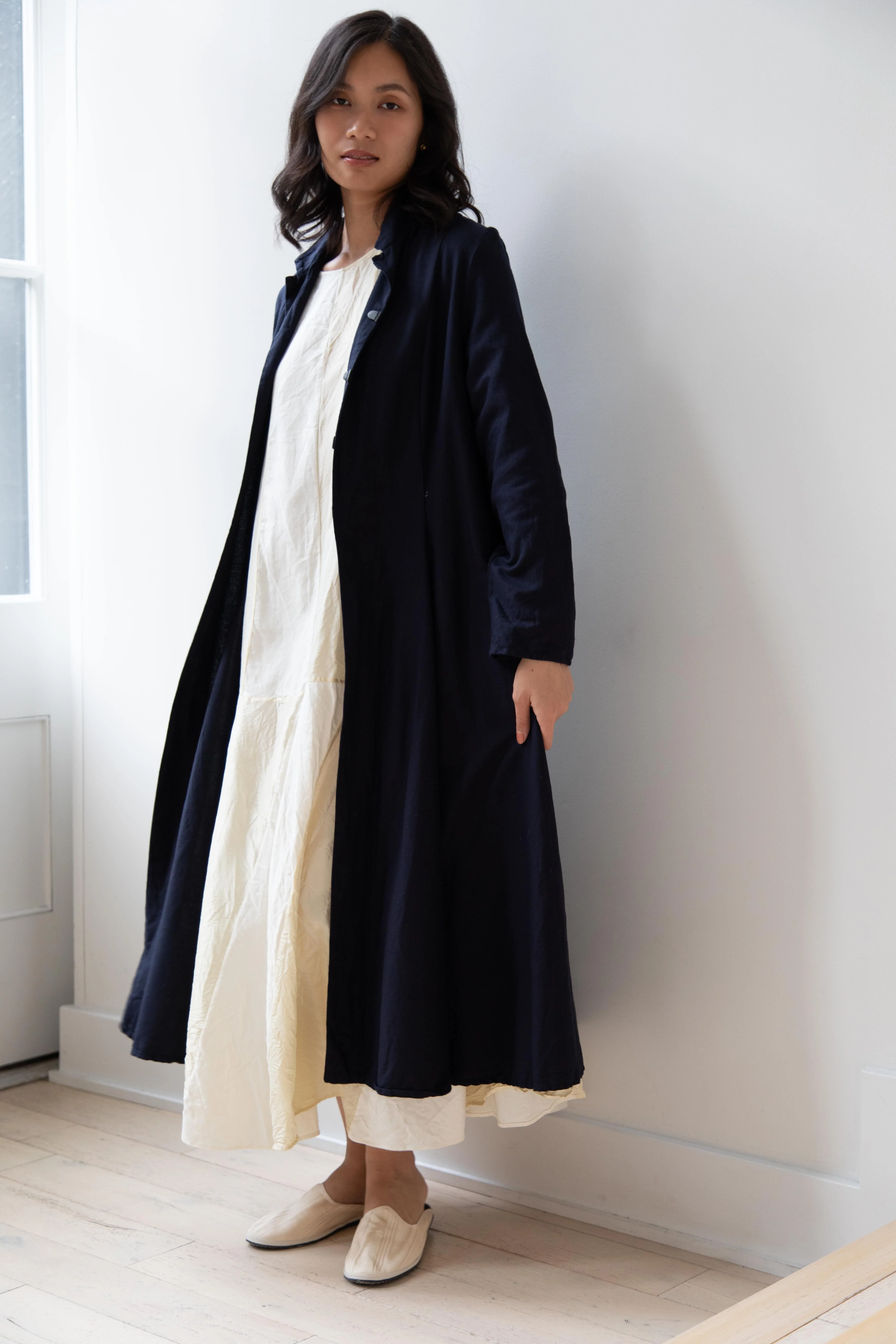 Risa Nakamura | Black Kohaze Flared Coat in Dark Blue - Image 28