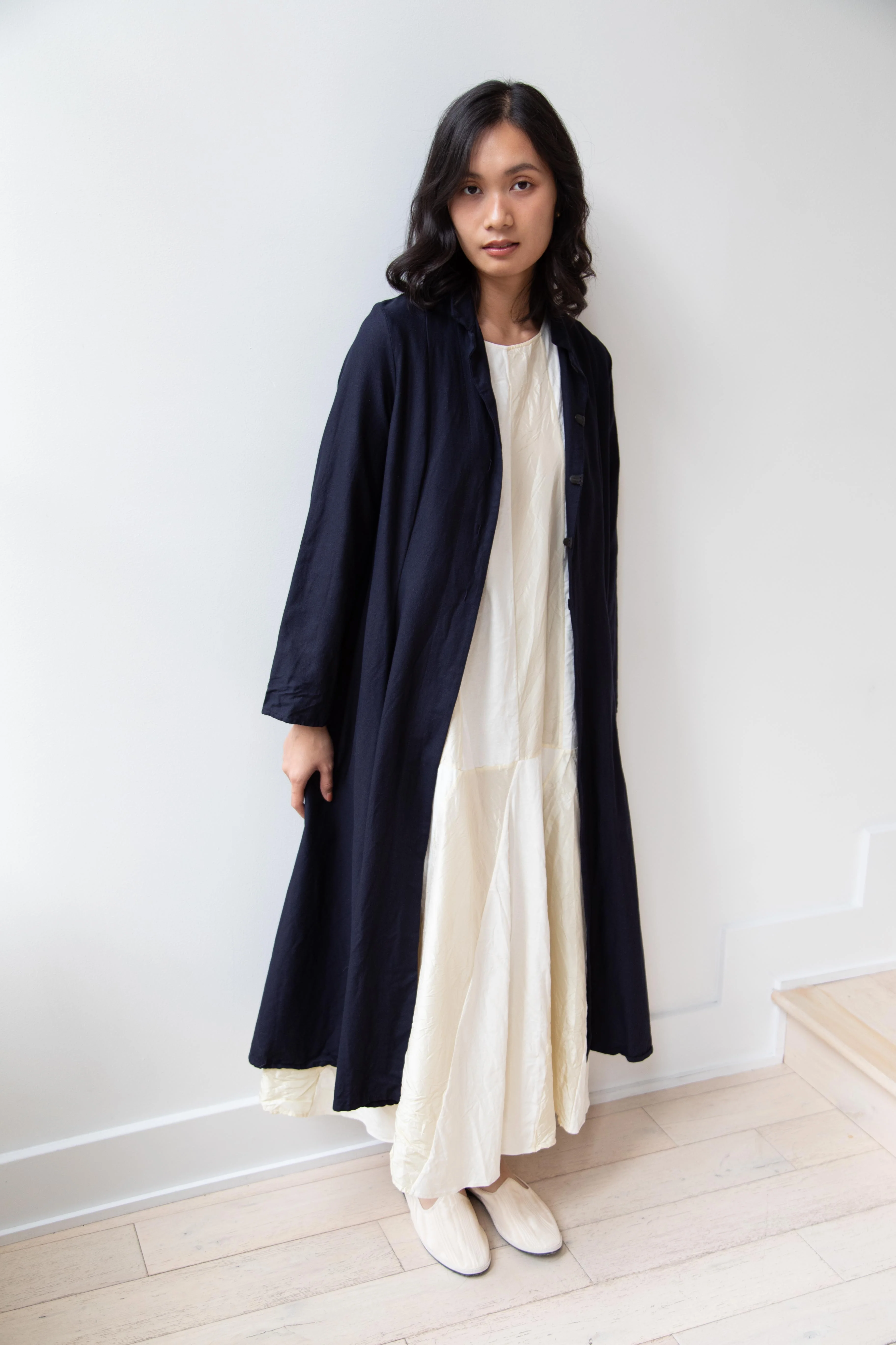 Risa Nakamura | Black Kohaze Flared Coat in Dark Blue - Image 33