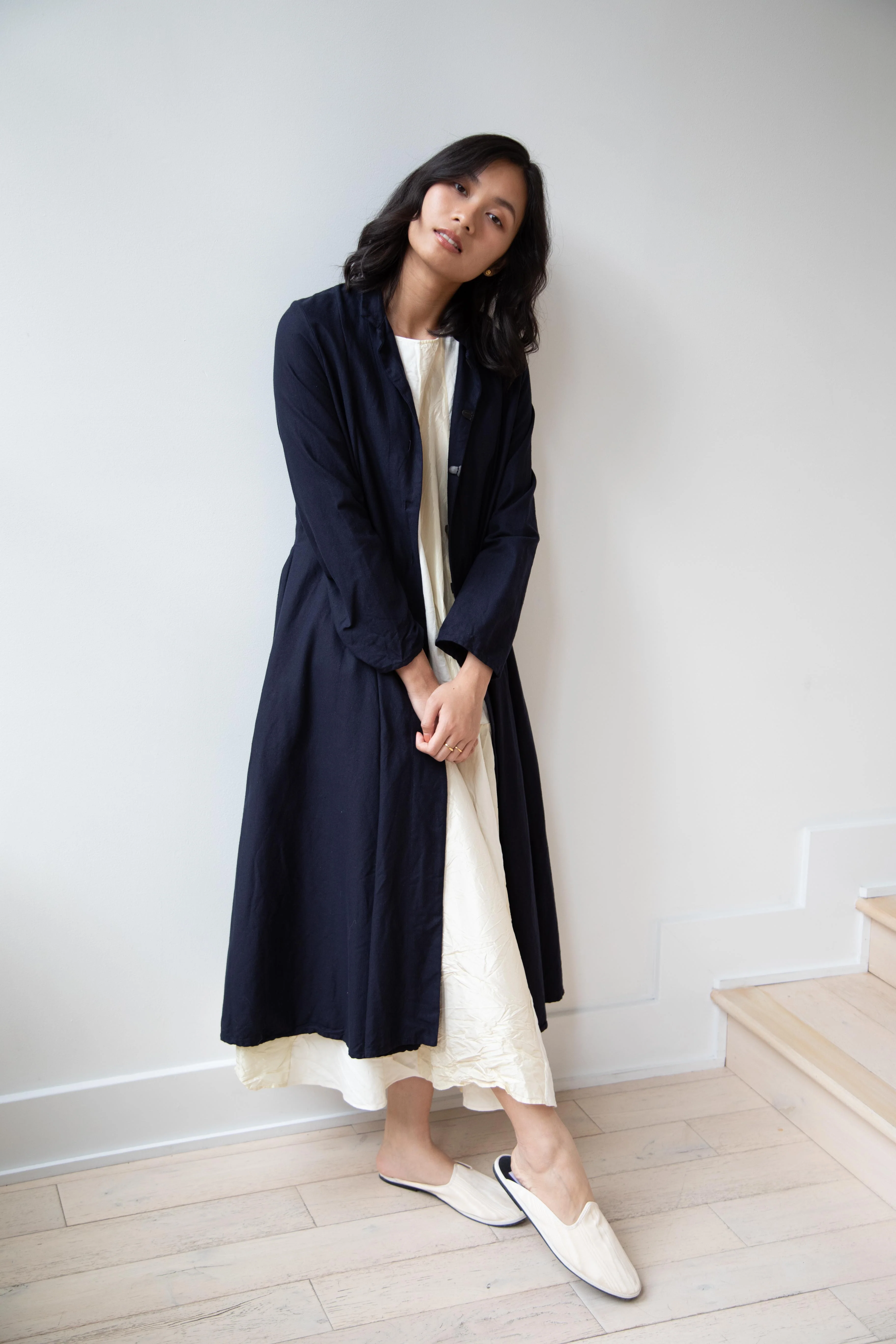 Risa Nakamura | Black Kohaze Flared Coat in Dark Blue - Image 35