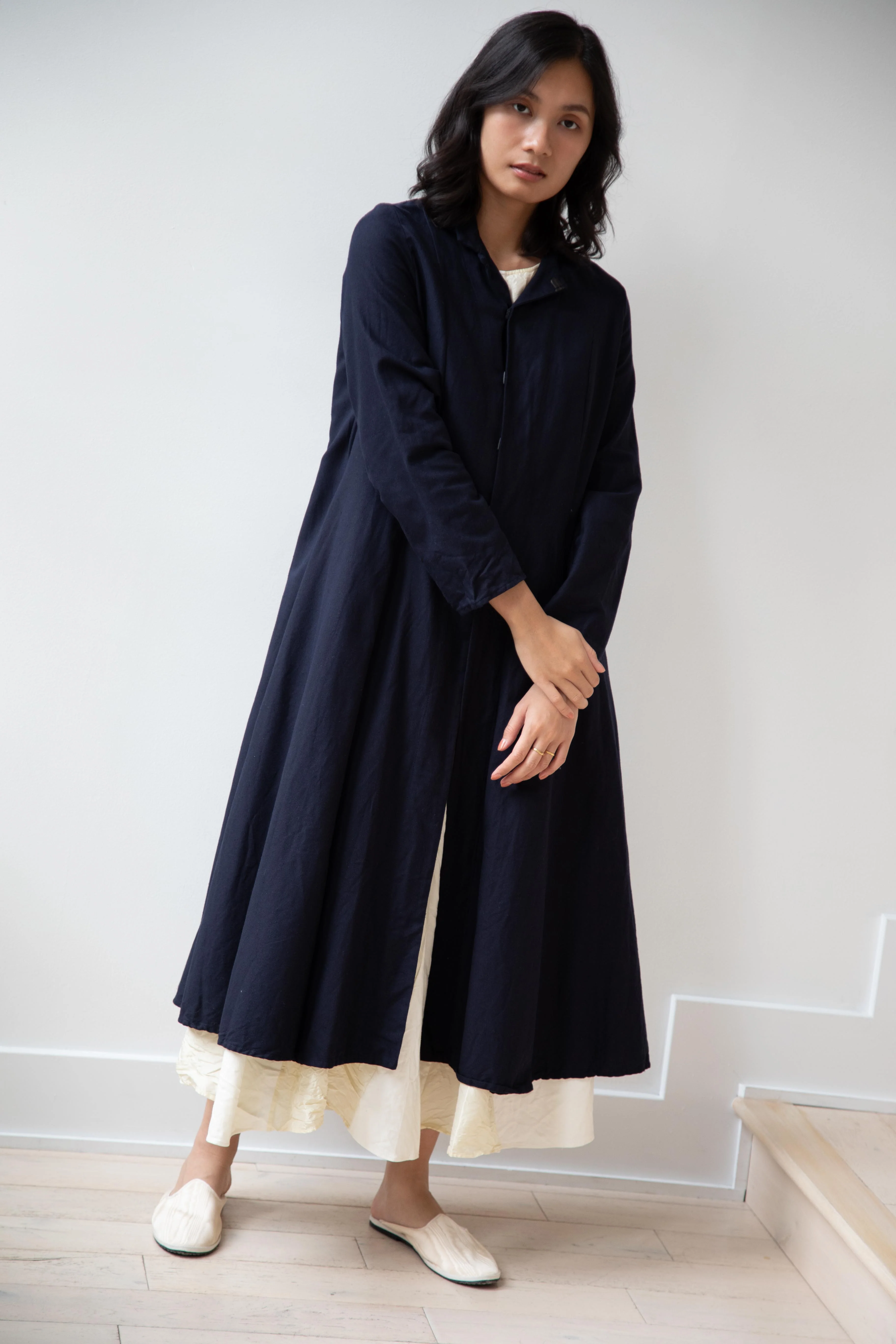 Risa Nakamura | Black Kohaze Flared Coat in Dark Blue - Image 43