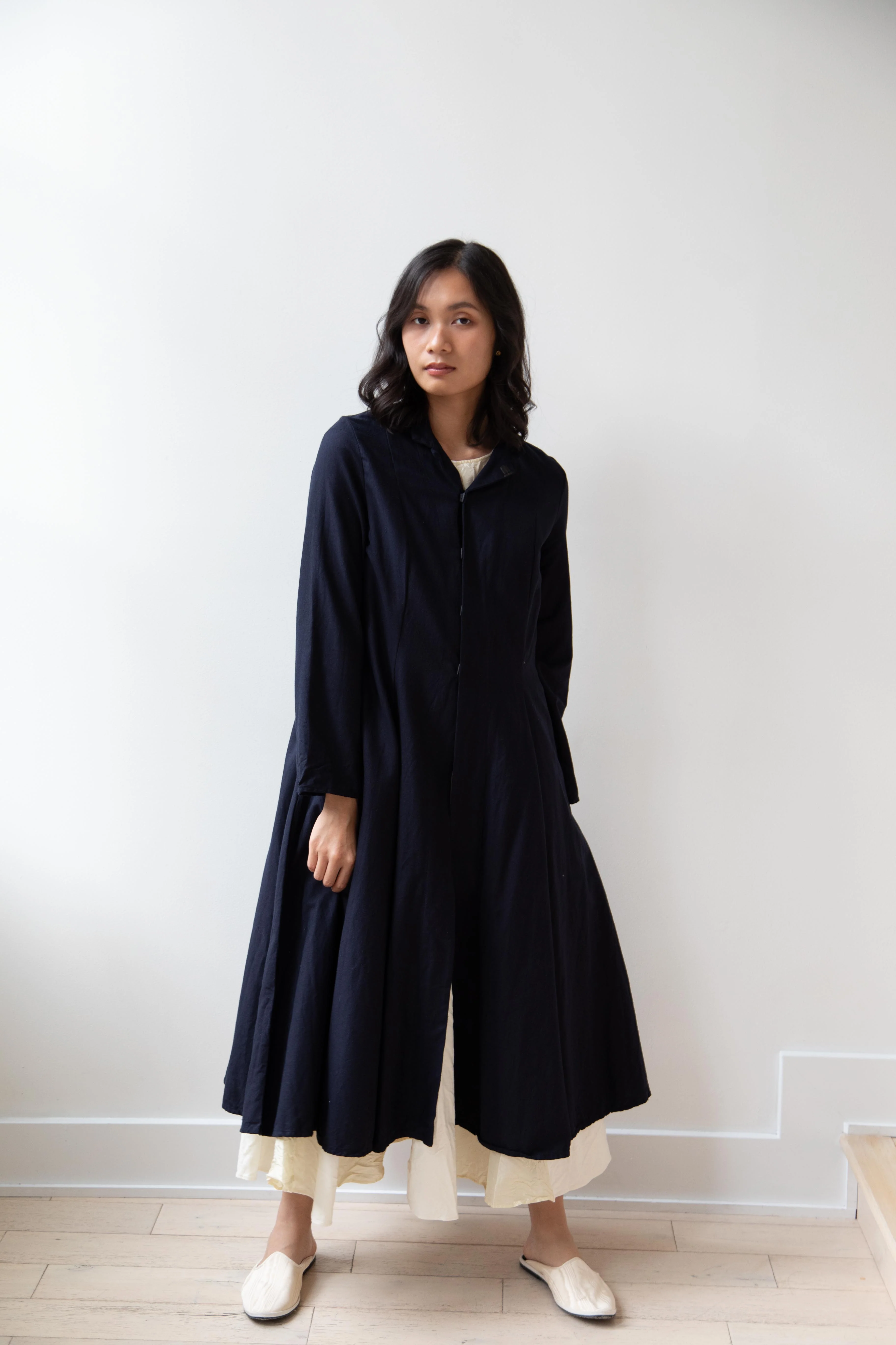 Risa Nakamura | Black Kohaze Flared Coat in Dark Blue - Image 44