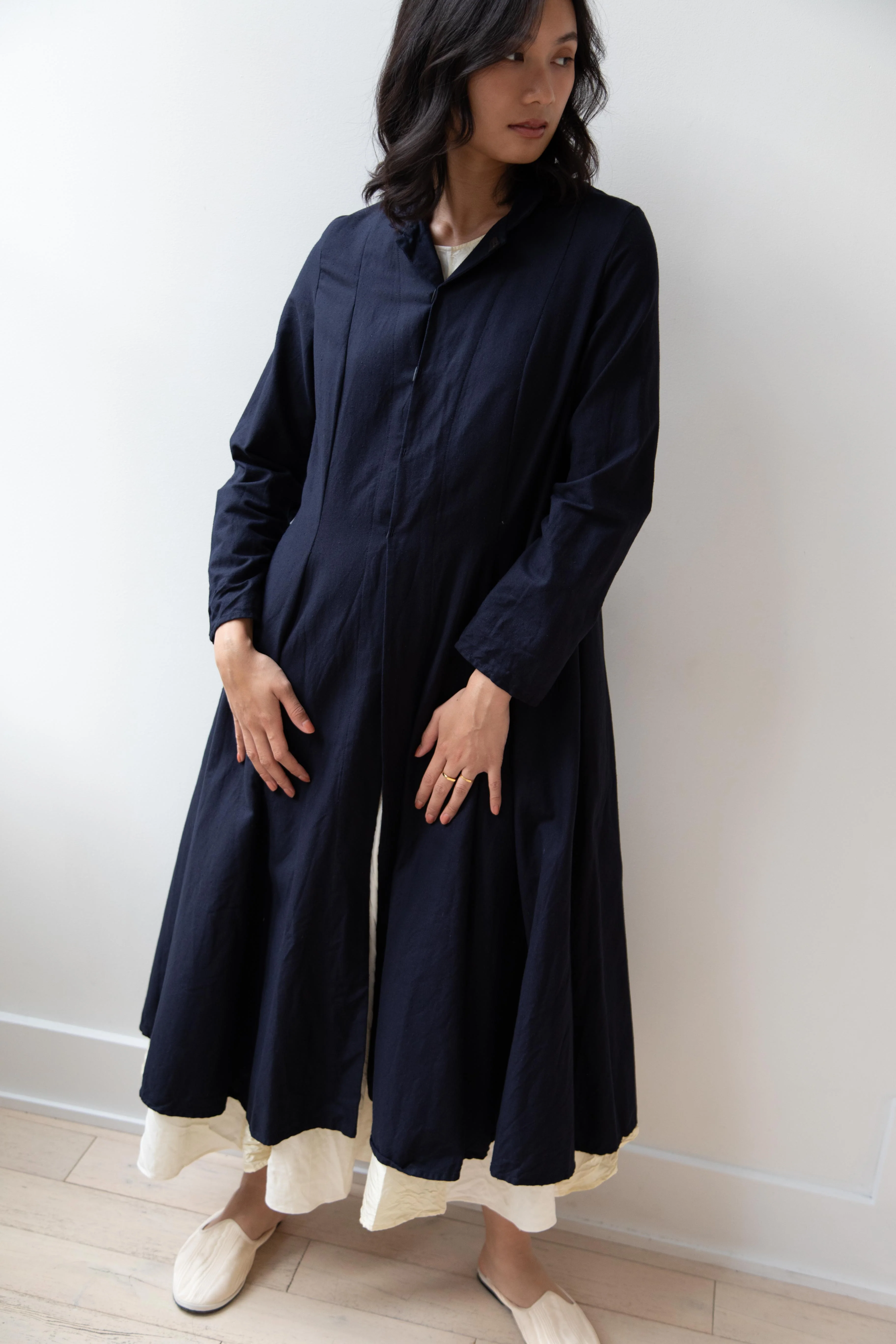 Risa Nakamura | Black Kohaze Flared Coat in Dark Blue - Image 45