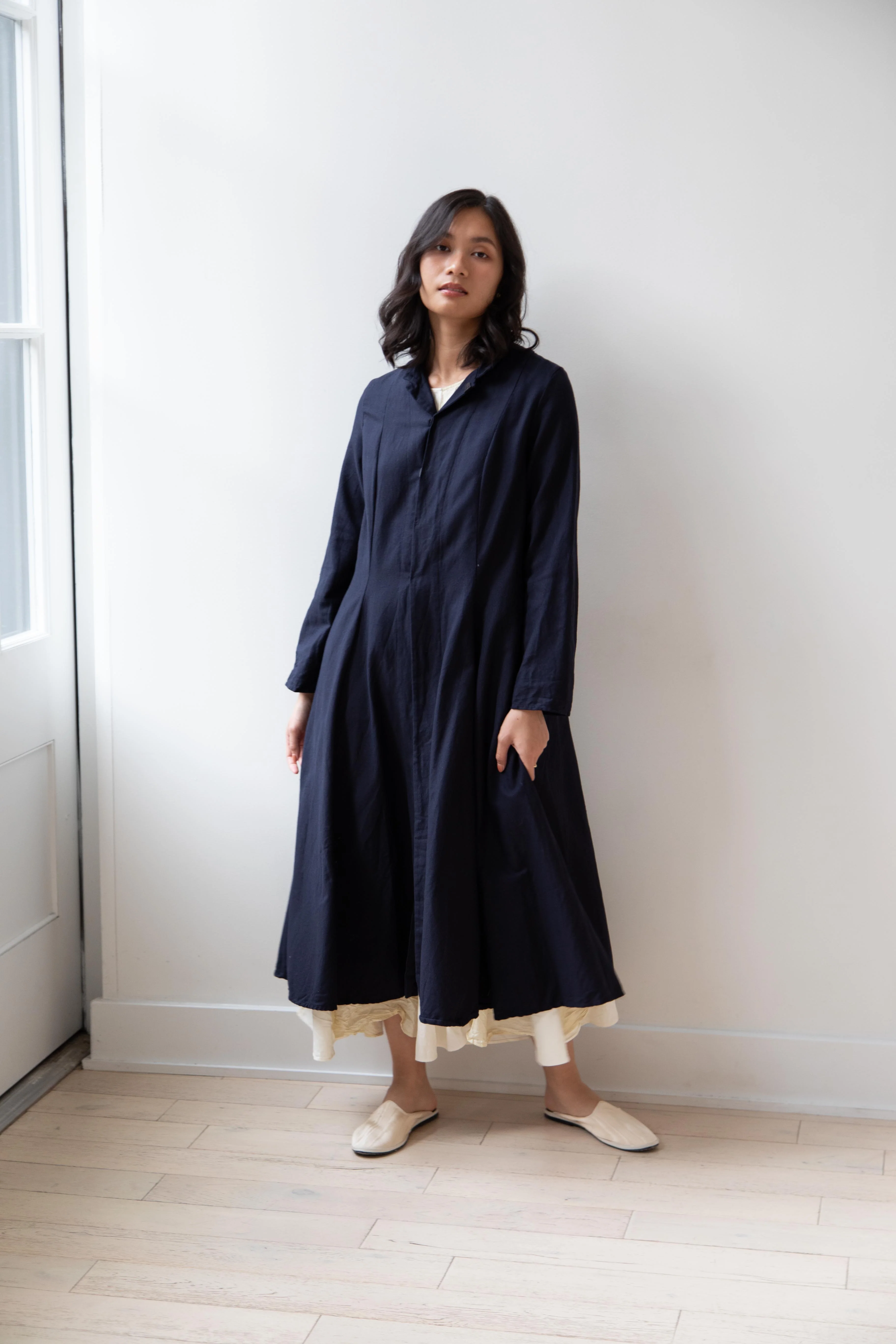Risa Nakamura | Black Kohaze Flared Coat in Dark Blue - Image 6