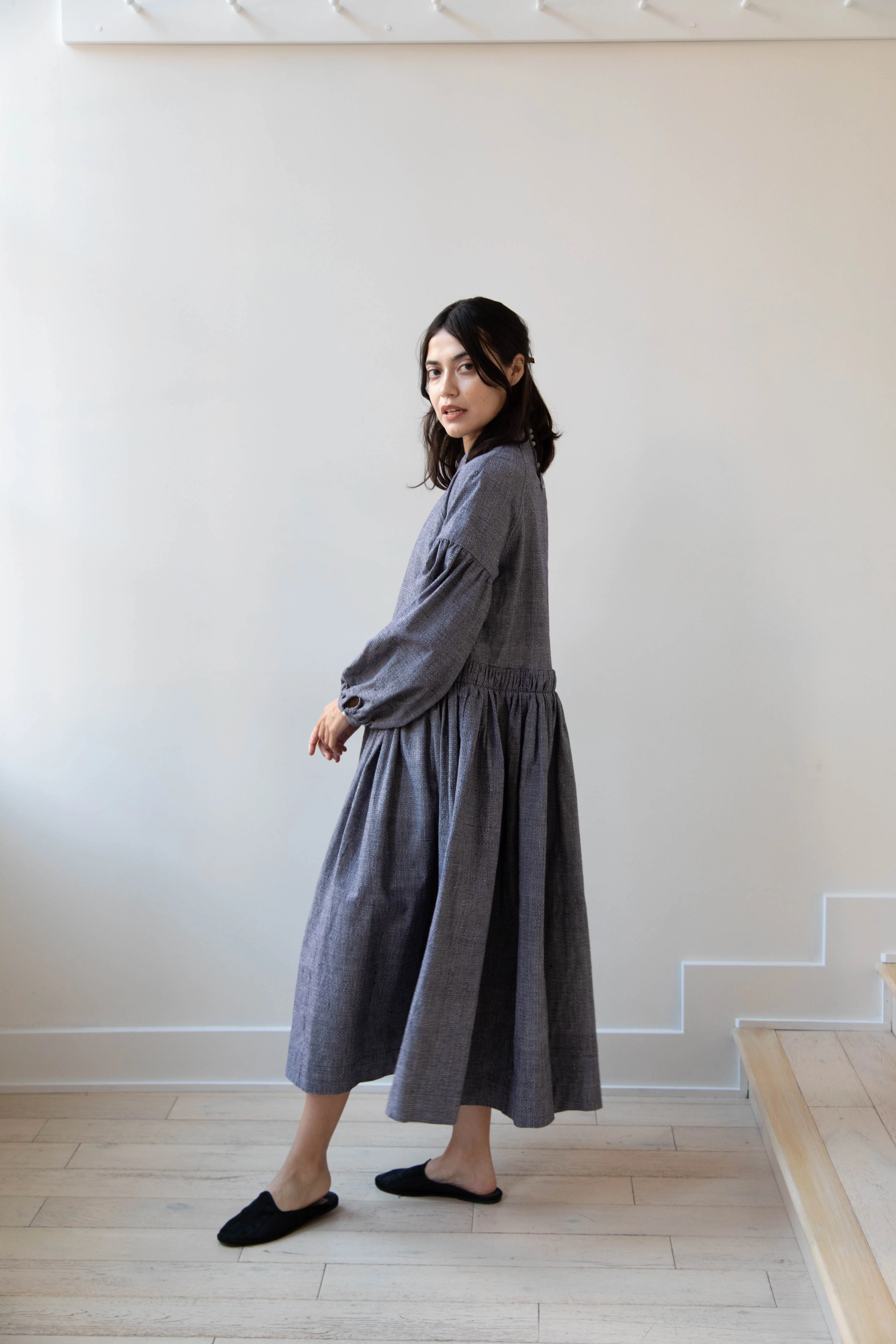 Seventyfive | Longsleeve Gathered Dress in Vintage Cross Hatch - Image 5