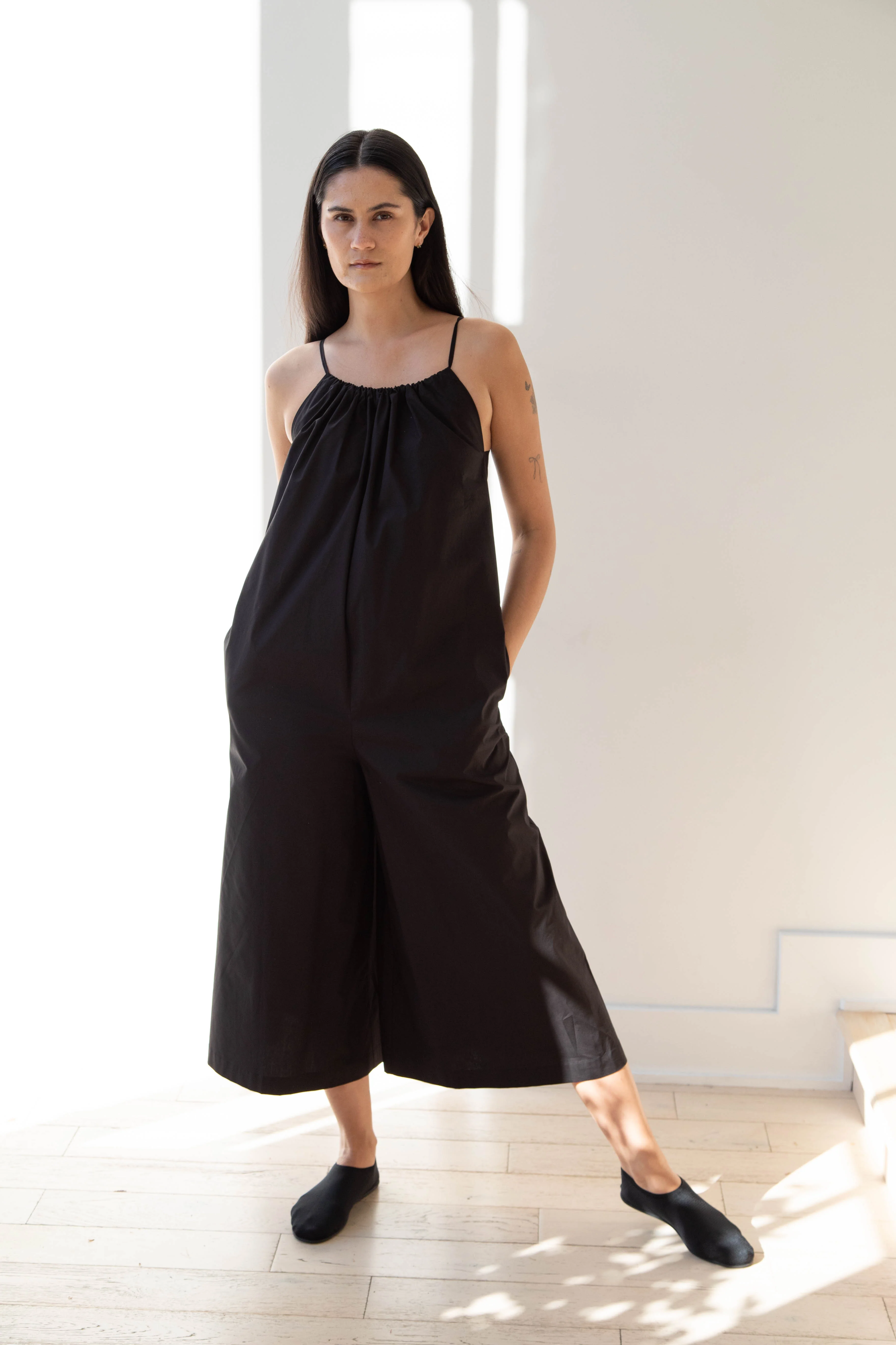 The Loom | Gathered Jumpsuit in Black Cotton - Image 10