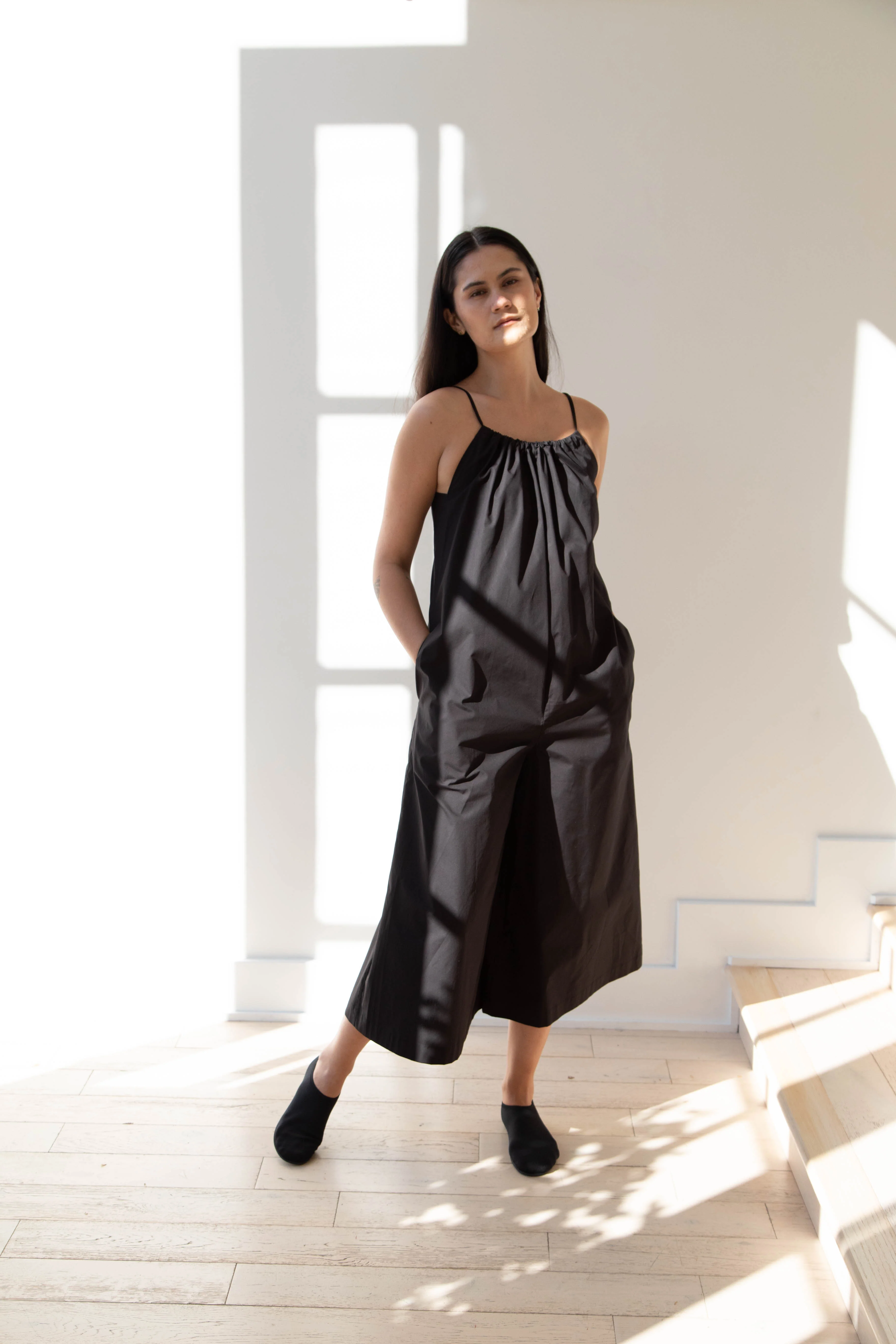 The Loom | Gathered Jumpsuit in Black Cotton - Image 11