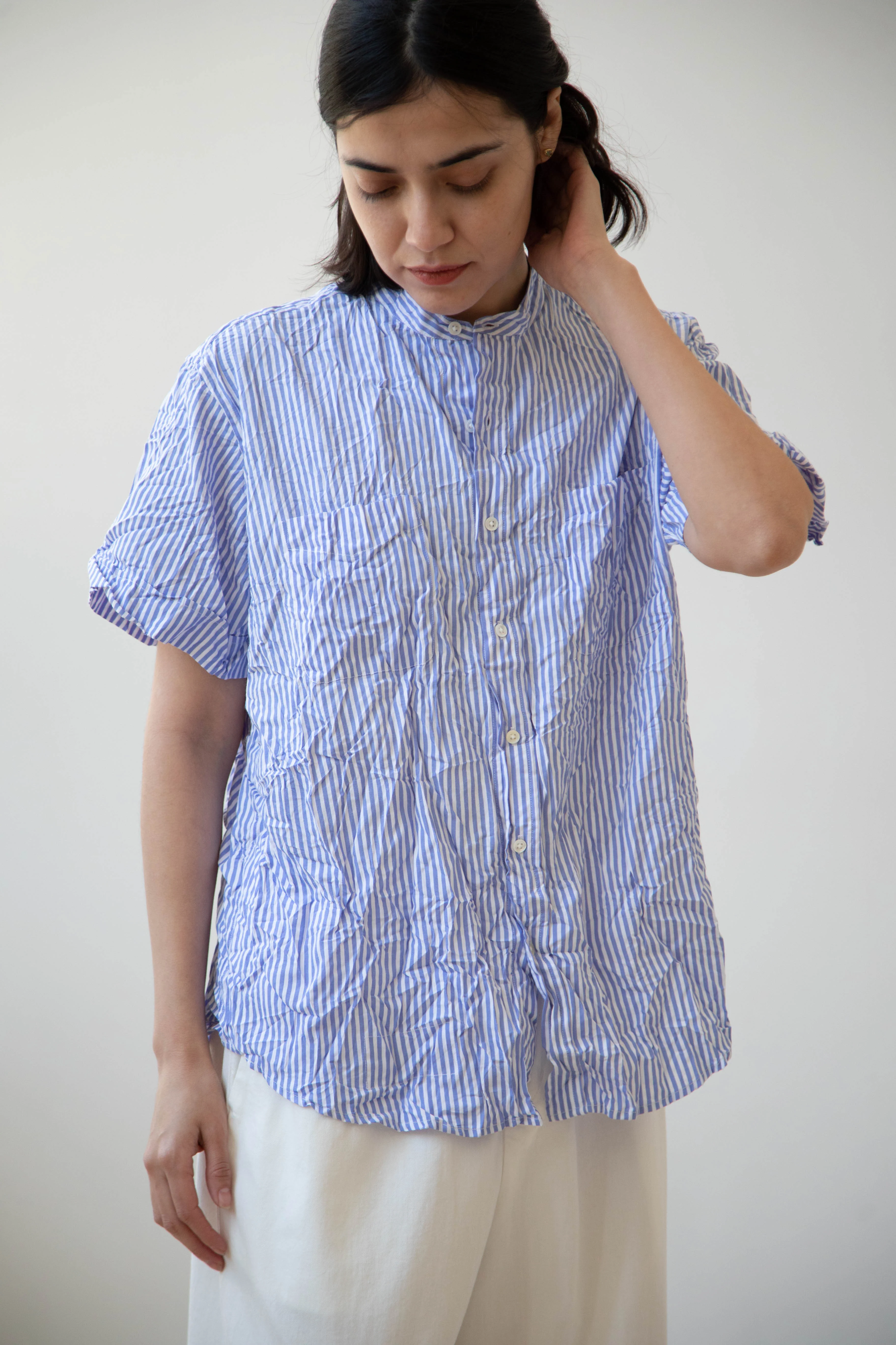 Vas-y Lentement | Short Sleeve Button Up in Blue Stripes - Image 6