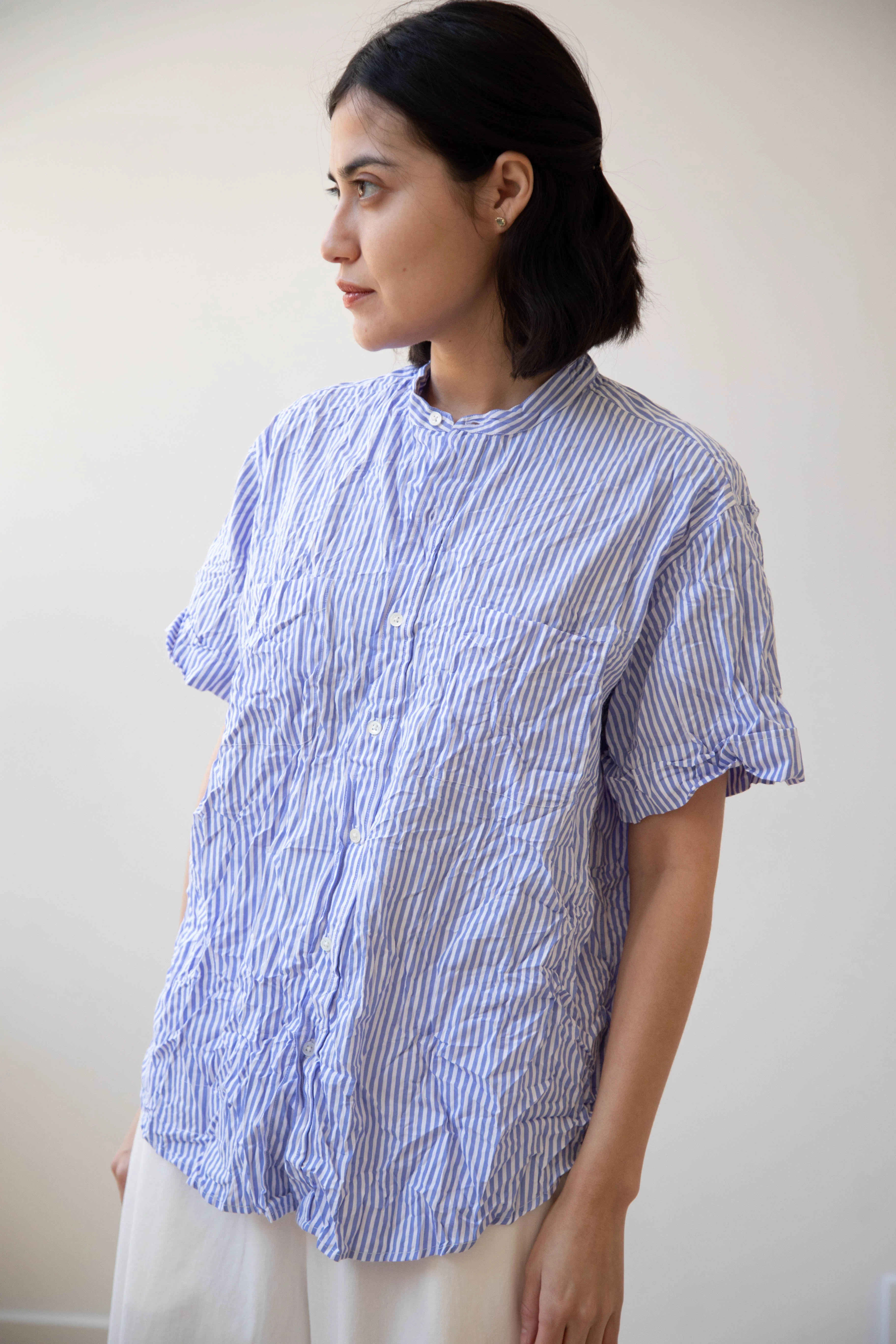 Vas-y Lentement | Short Sleeve Button Up in Blue Stripes - Image 7